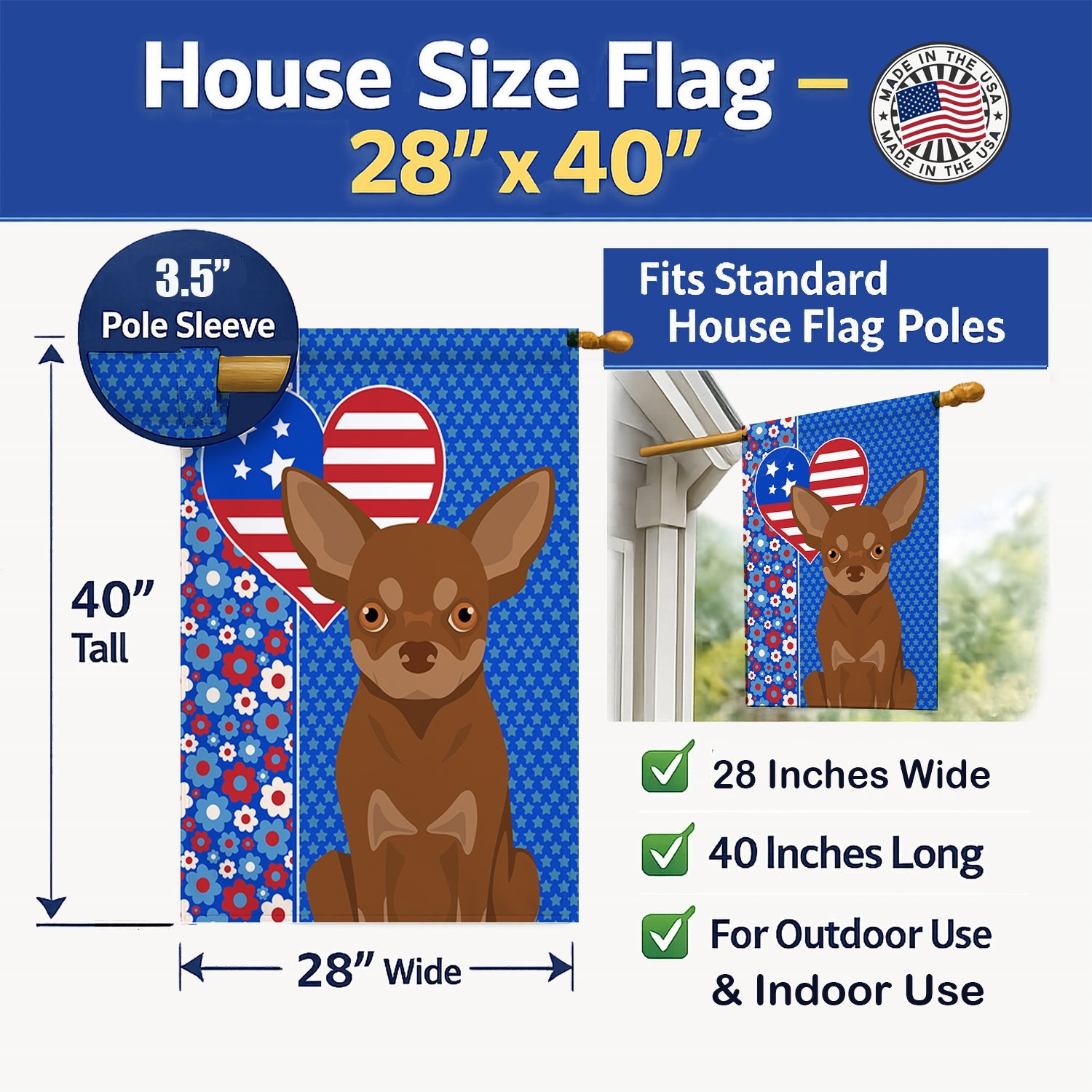 Chocolate and Tan Chihuahua USA American House Flag 28x40 Porch Sleeve Pole Decorative Outside Yard Banner Artwork Wall Hanging, Polyester