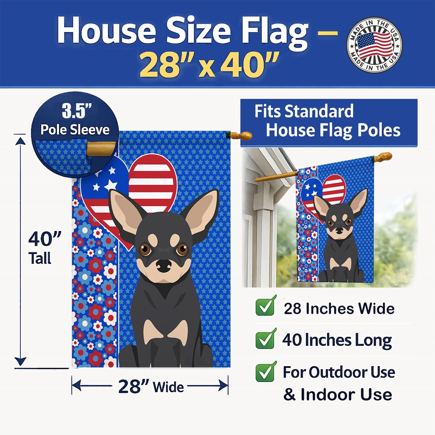 Black and Cream Chihuahua USA American House Flag 28x40 Porch Sleeve Pole Decorative Outside Yard Banner Artwork Wall Hanging, Polyester