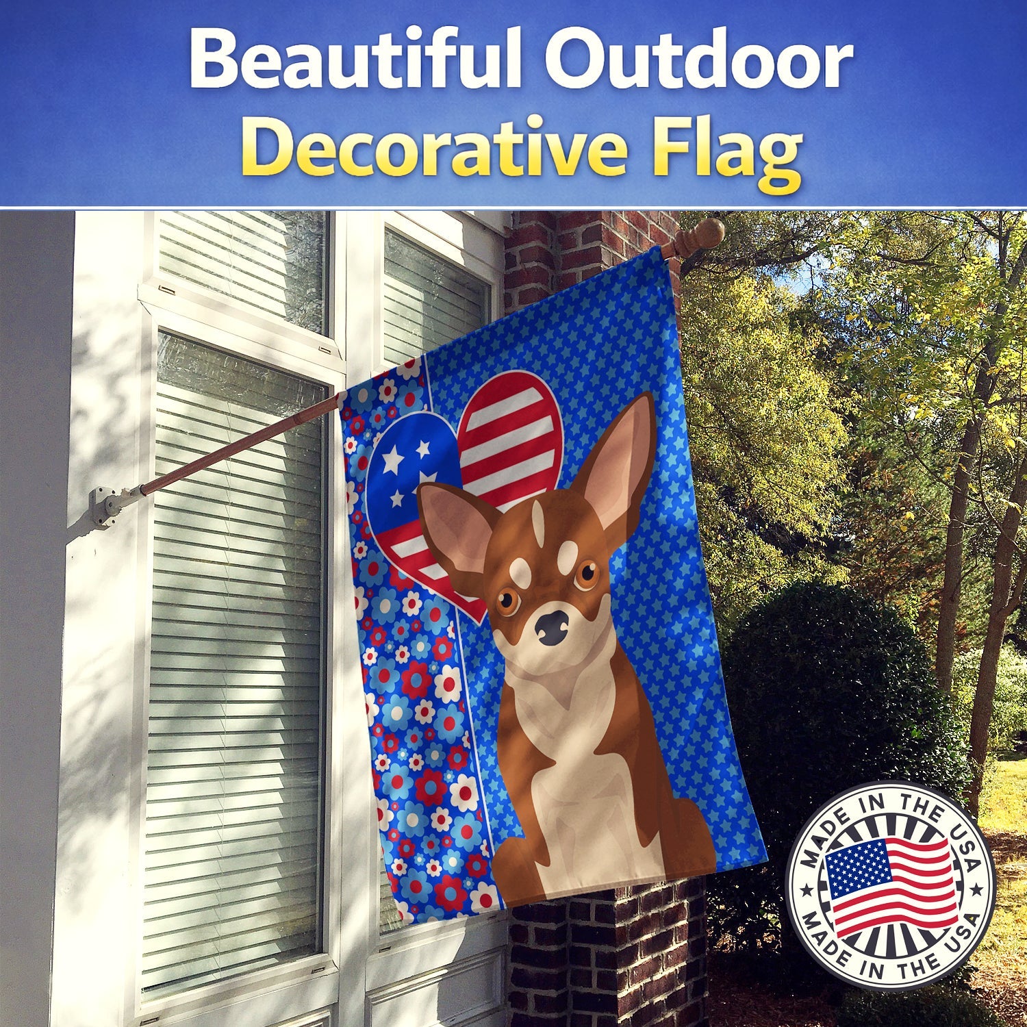 Red and White Chihuahua USA American House Flag 28x40 Porch Sleeve Pole Decorative Outside Yard Banner Artwork Wall Hanging, Polyester