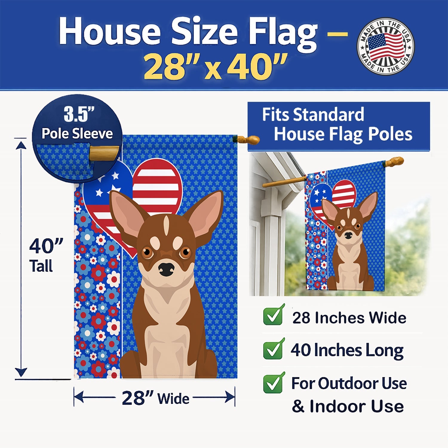 Red and White Chihuahua USA American House Flag 28x40 Porch Sleeve Pole Decorative Outside Yard Banner Artwork Wall Hanging, Polyester