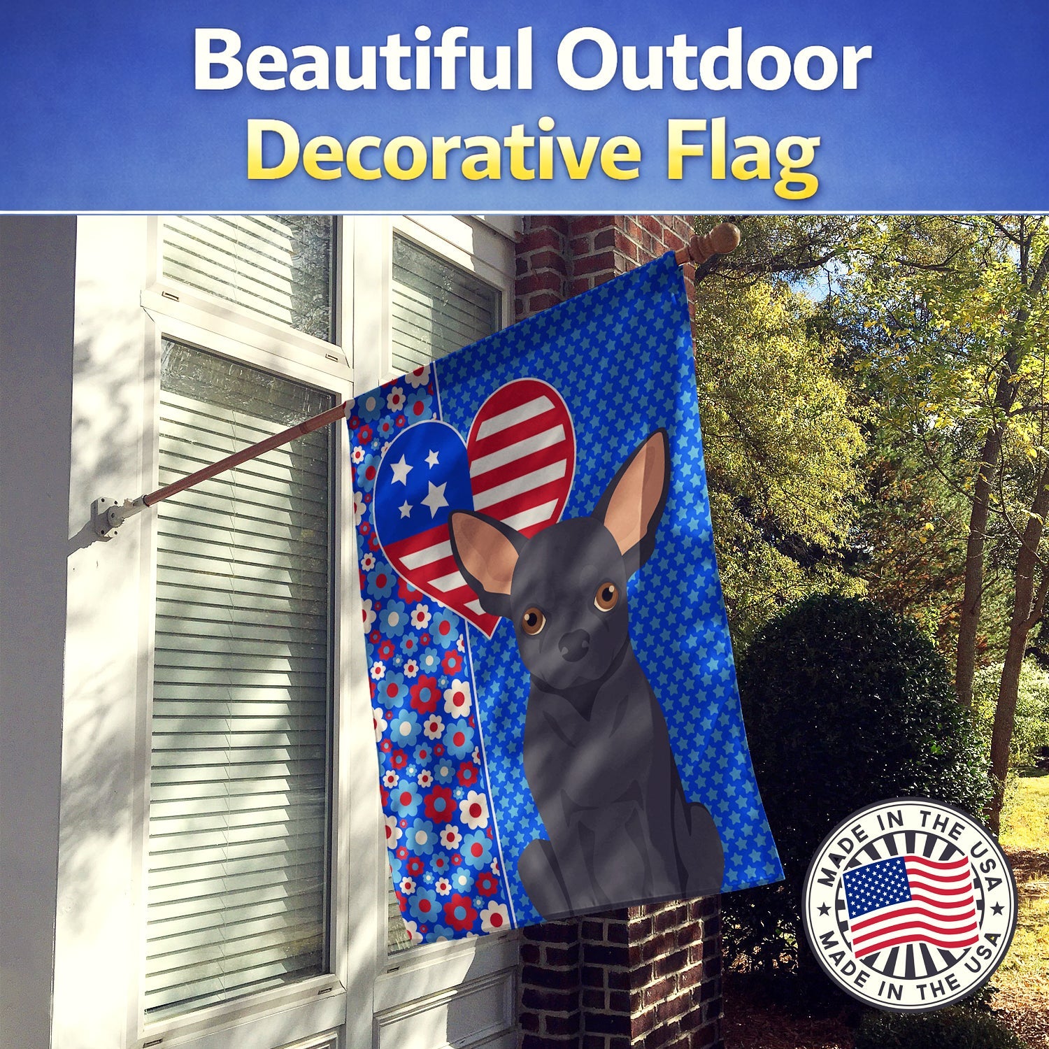 Black Chihuahua USA American House Flag 28x40 Porch Sleeve Pole Decorative Outside Yard Banner Artwork Wall Hanging, Polyester