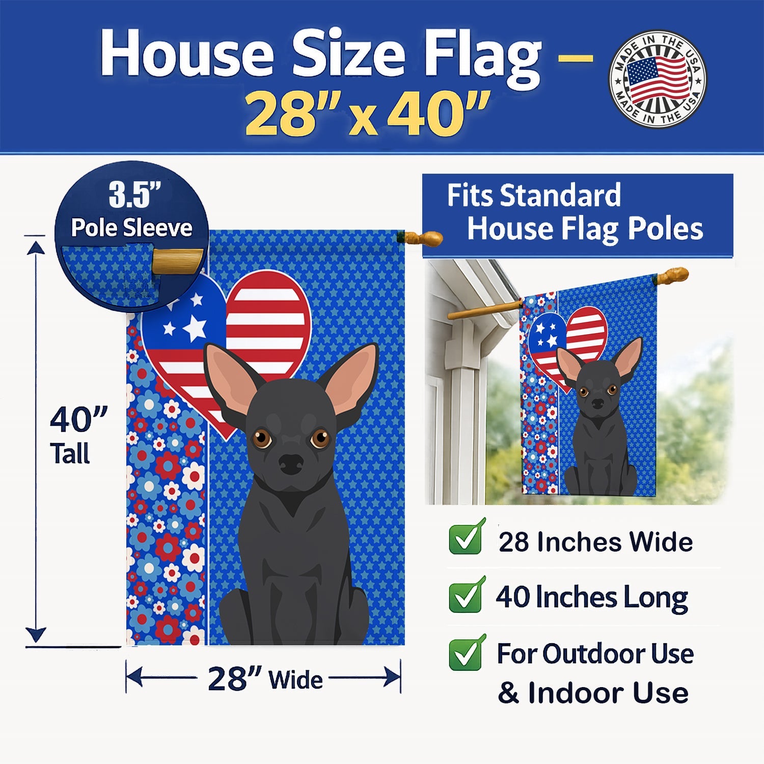 Black Chihuahua USA American House Flag 28x40 Porch Sleeve Pole Decorative Outside Yard Banner Artwork Wall Hanging, Polyester