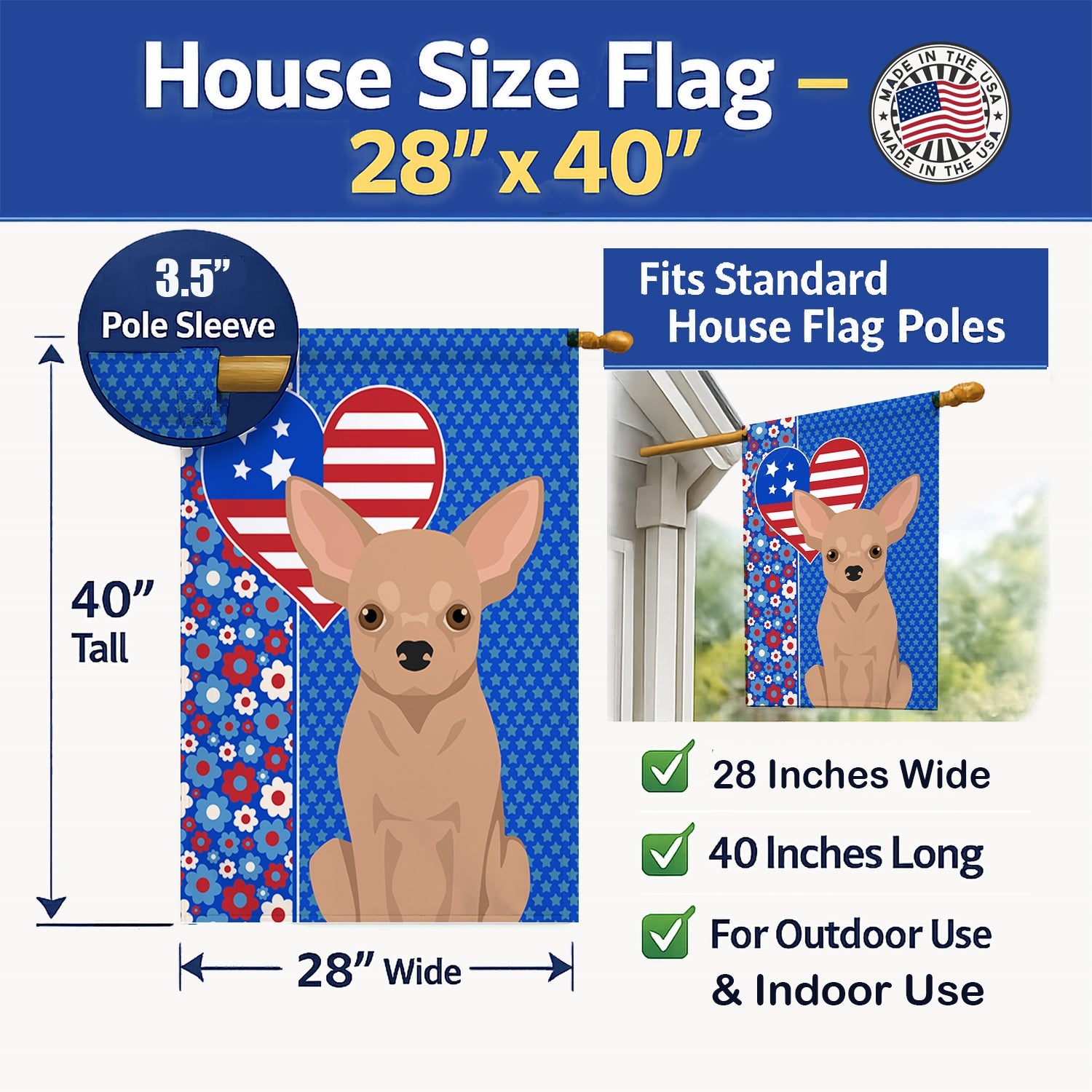 Cream Chihuahua USA American House Flag 28x40 Porch Sleeve Pole Decorative Outside Yard Banner Artwork Wall Hanging, Polyester