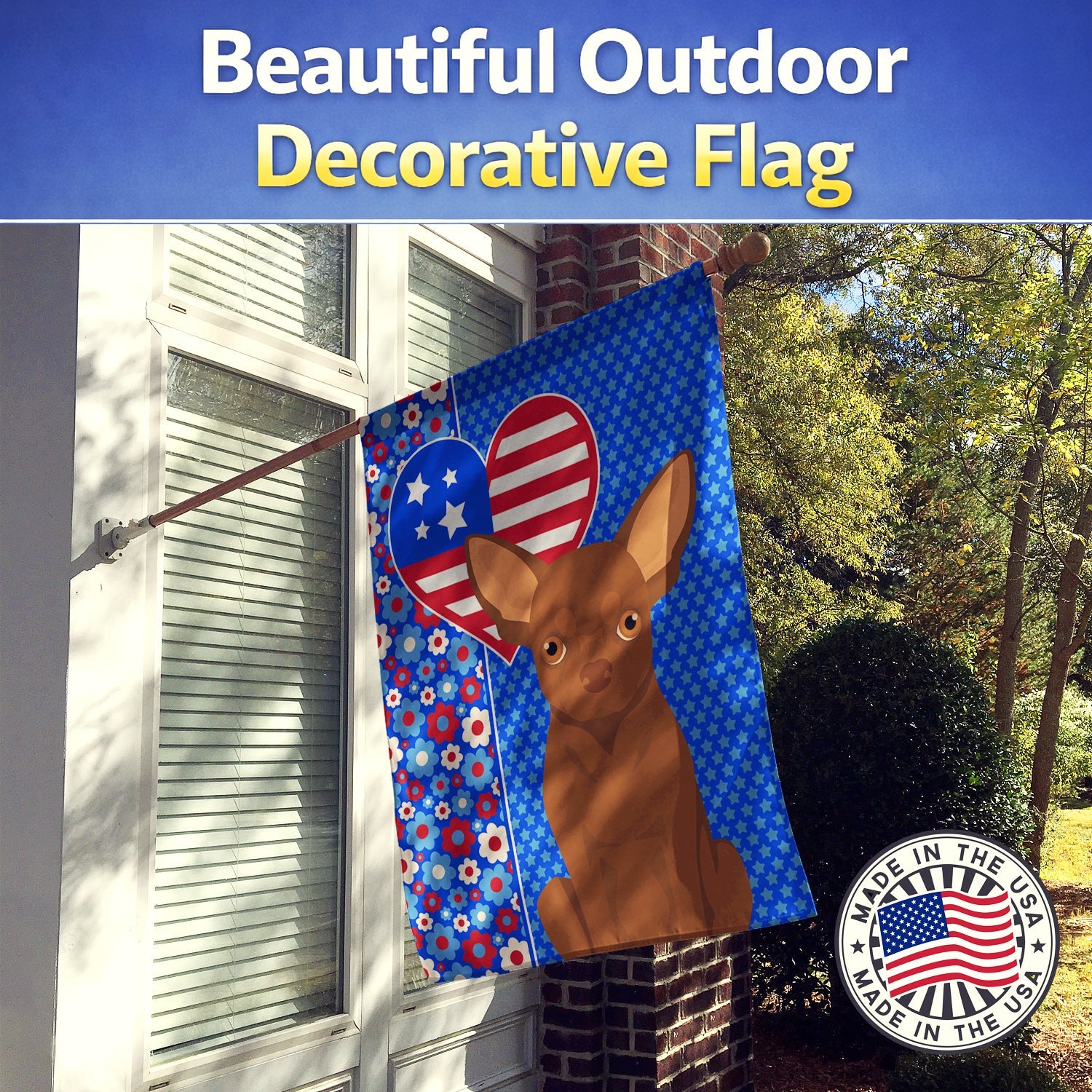 Chocolate Chihuahua USA American House Flag 28x40 Porch Sleeve Pole Decorative Outside Yard Banner Artwork Wall Hanging, Polyester
