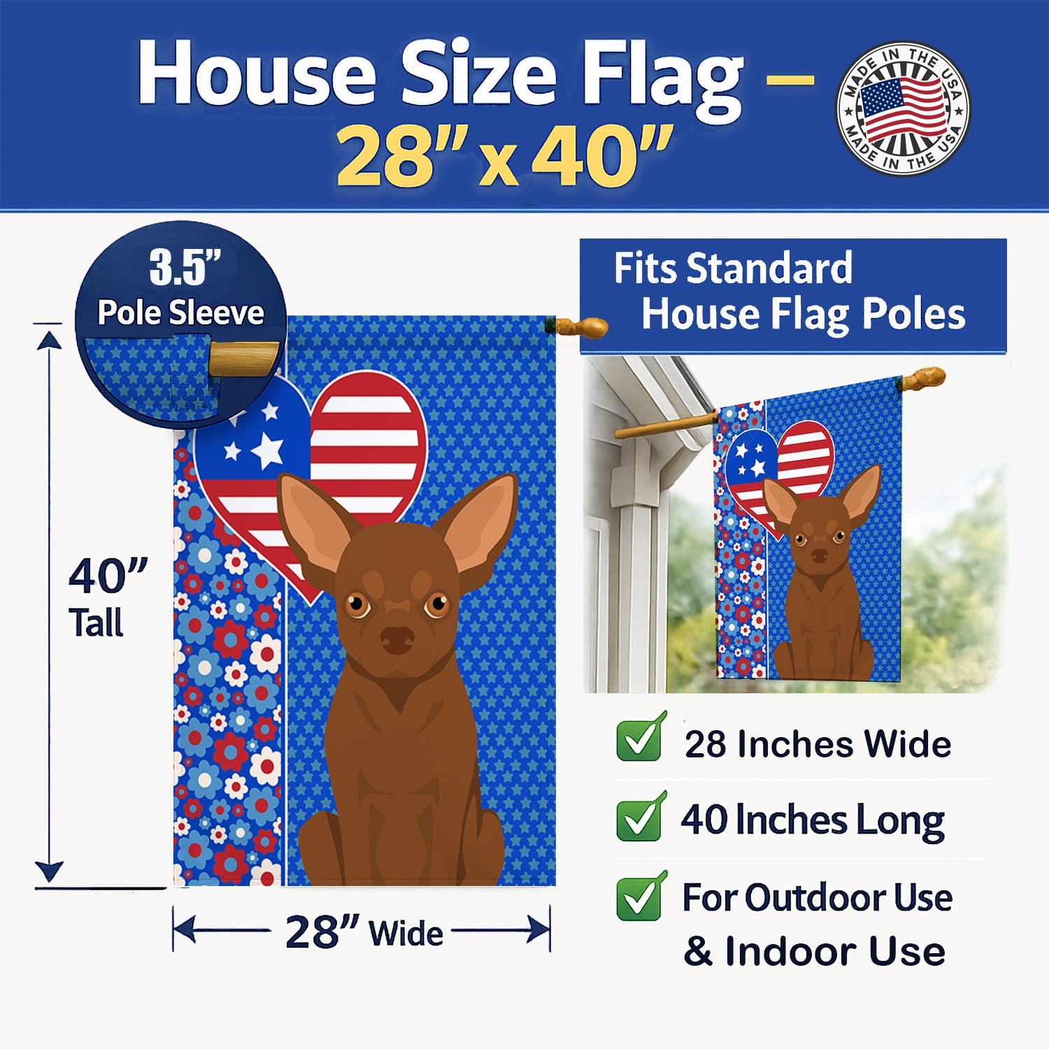 Chocolate Chihuahua USA American House Flag 28x40 Porch Sleeve Pole Decorative Outside Yard Banner Artwork Wall Hanging, Polyester