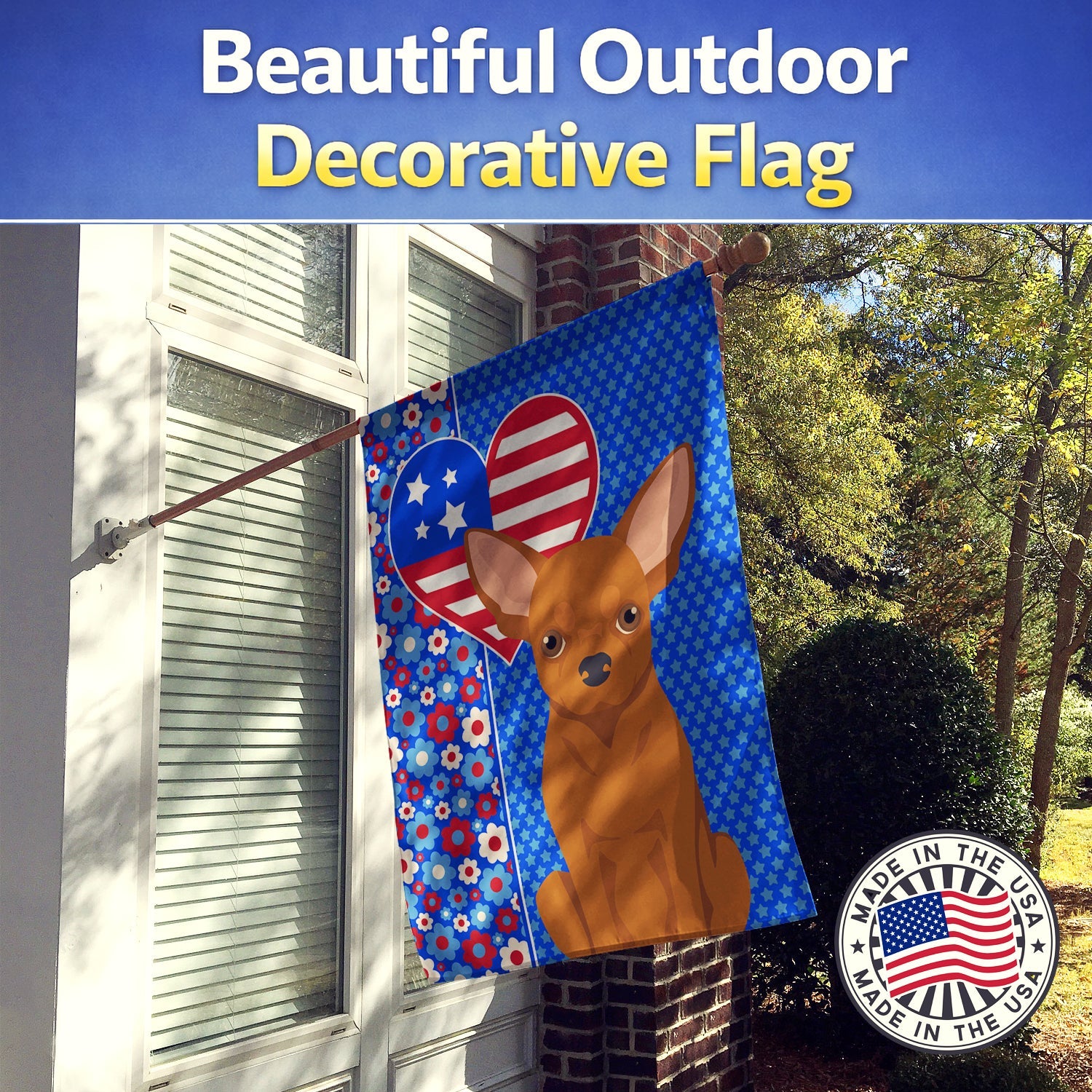 Red Chihuahua USA American House Flag 28x40 Porch Sleeve Pole Decorative Outside Yard Banner Artwork Wall Hanging, Polyester