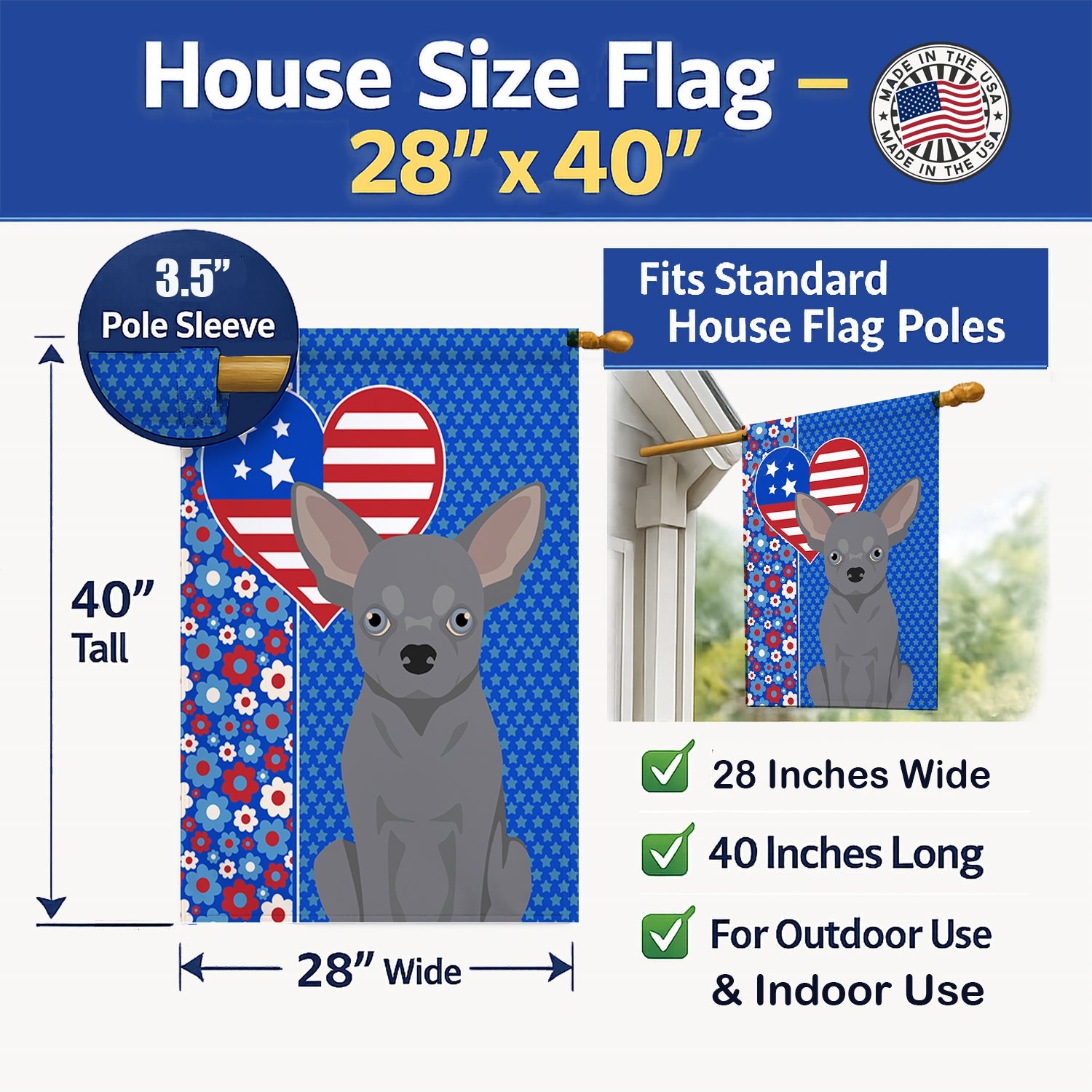 Blue Chihuahua USA American House Flag 28x40 Porch Sleeve Pole Decorative Outside Yard Banner Artwork Wall Hanging, Polyester