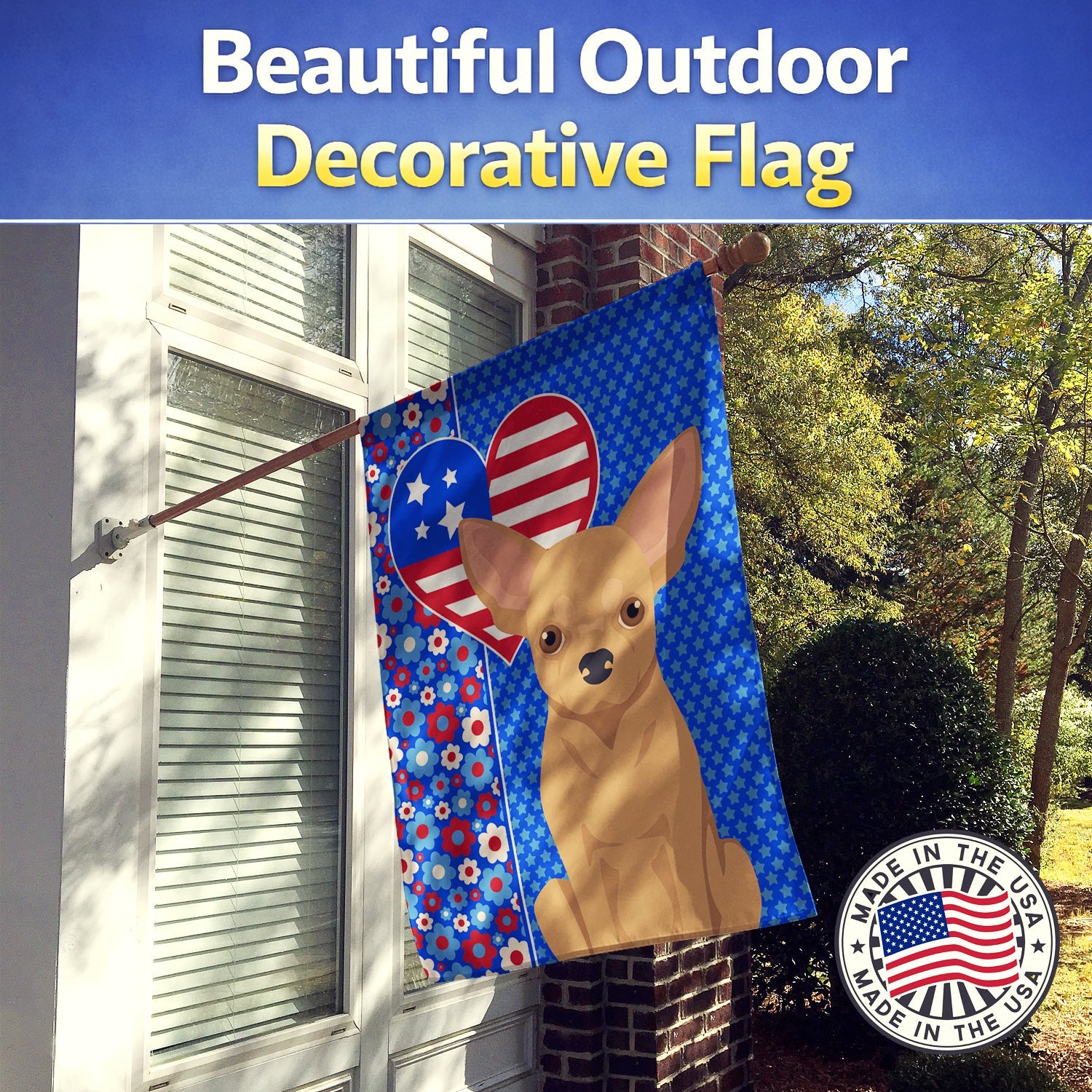 Gold Chihuahua USA American House Flag 28x40 Porch Sleeve Pole Decorative Outside Yard Banner Artwork Wall Hanging, Polyester