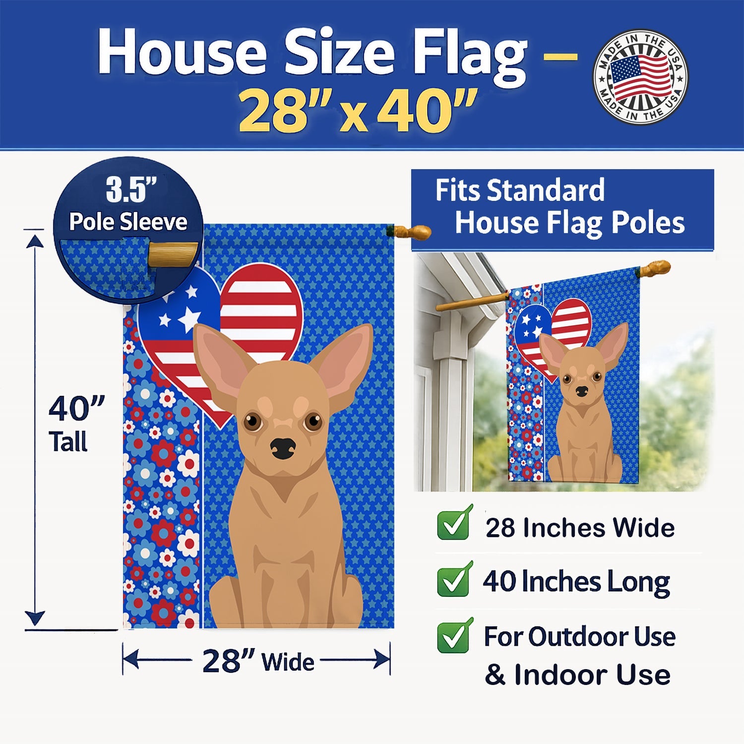 Gold Chihuahua USA American House Flag 28x40 Porch Sleeve Pole Decorative Outside Yard Banner Artwork Wall Hanging, Polyester