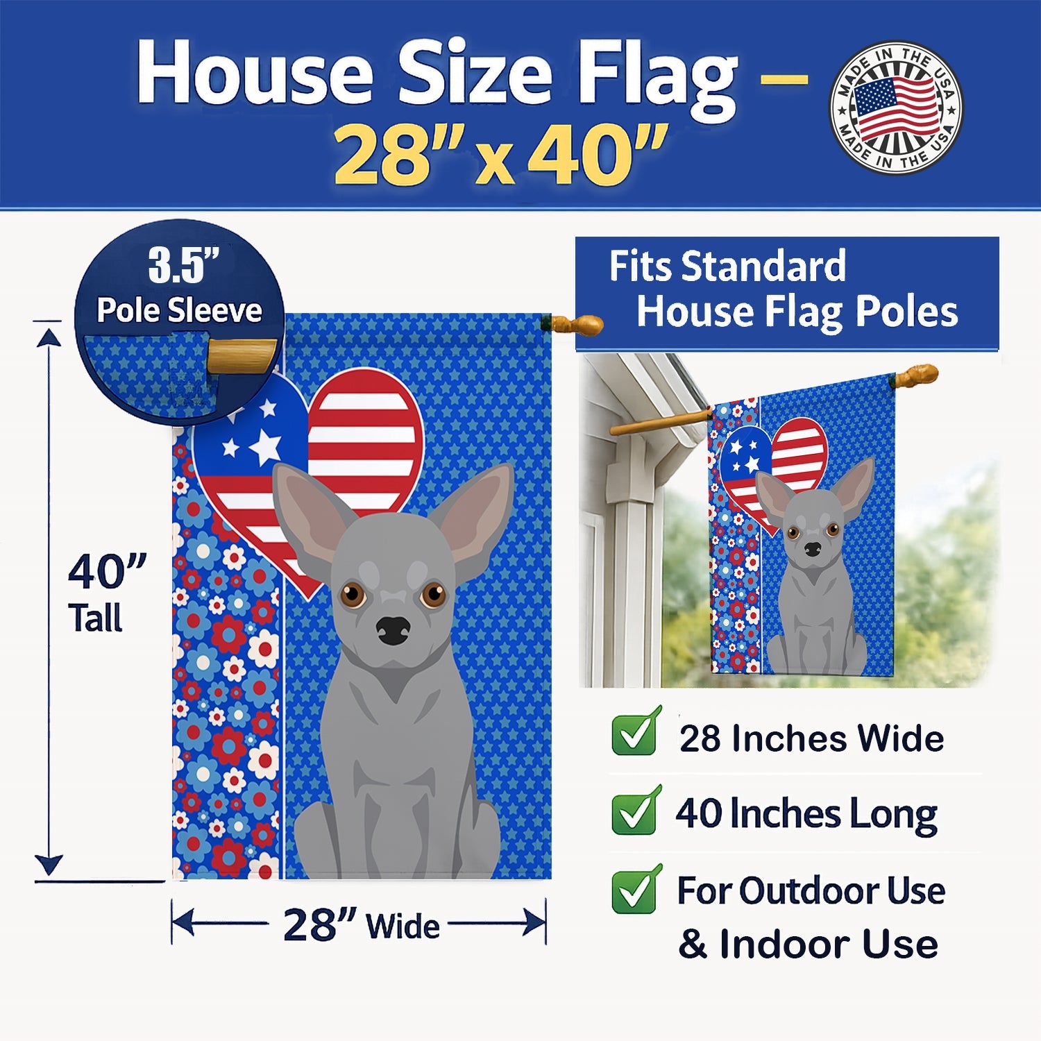 Silver Chihuahua USA American House Flag 28x40 Porch Sleeve Pole Decorative Outside Yard Banner Artwork Wall Hanging, Polyester