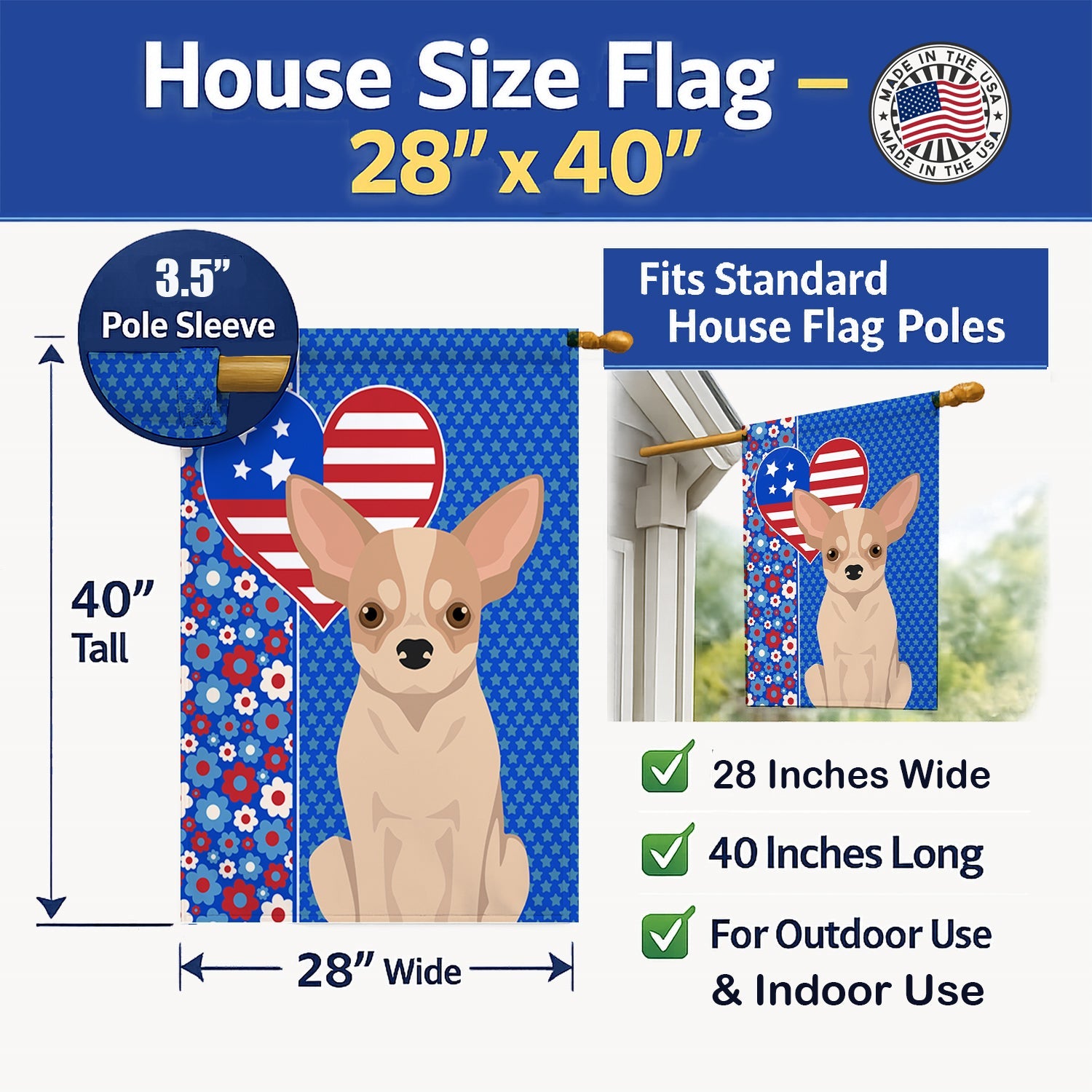 Fawn and White Chihuahua USA American House Flag 28x40 Porch Sleeve Pole Decorative Outside Yard Banner Artwork Wall Hanging, Polyester
