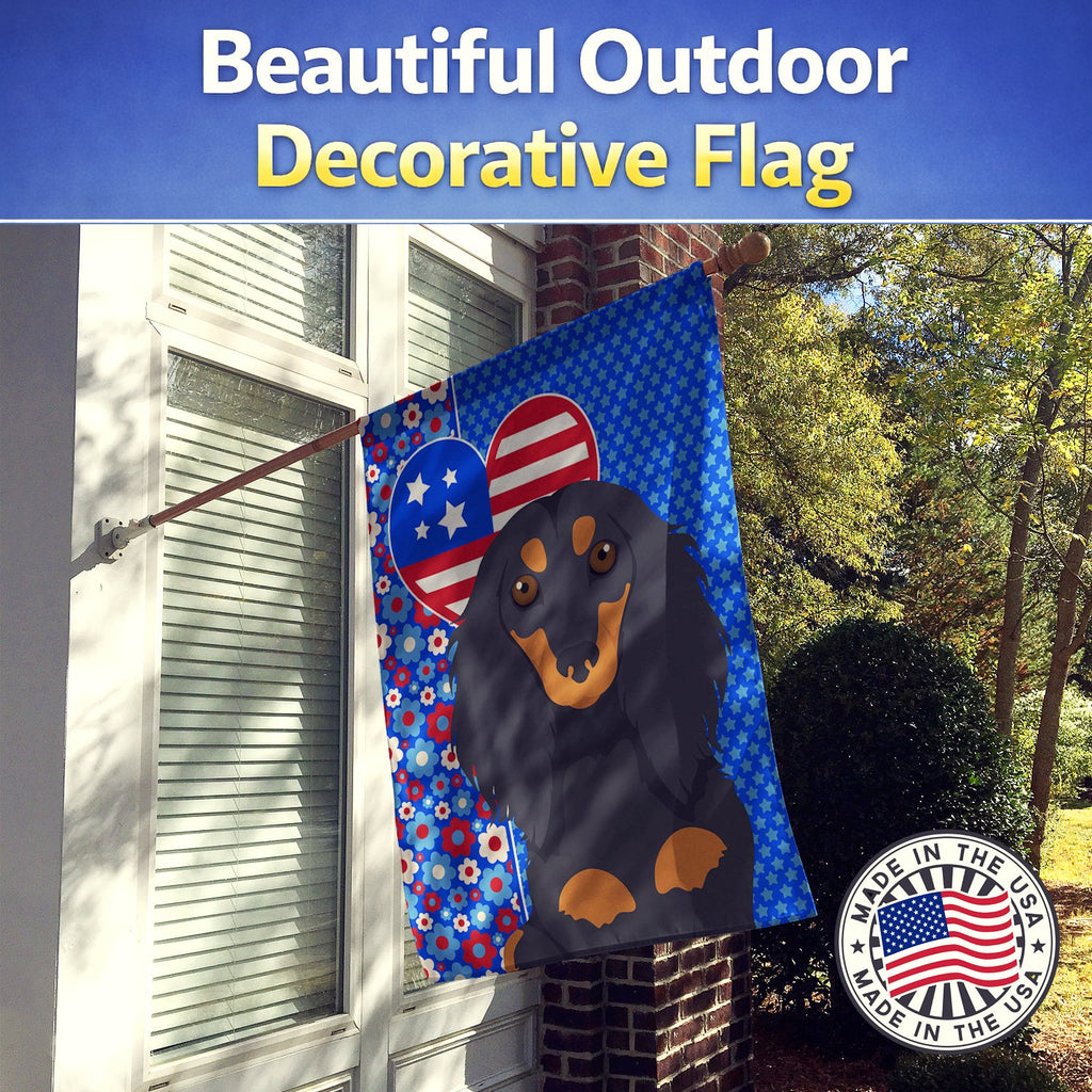 Longhair Black and Tan Dachshund USA American House Flag 28x40 Porch Sleeve Pole Decorative Outside Yard Banner Artwork Wall Hanging, Polyester