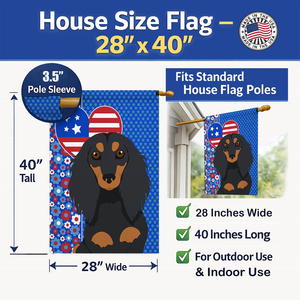 Longhair Black and Tan Dachshund USA American House Flag 28x40 Porch Sleeve Pole Decorative Outside Yard Banner Artwork Wall Hanging, Polyester
