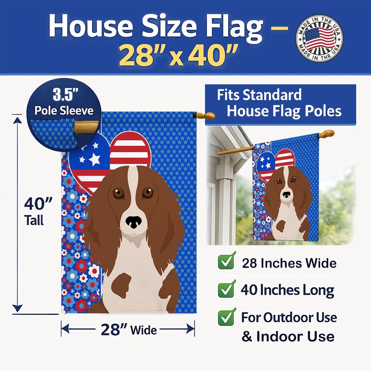 Longhair Red Pedbald Dachshund USA American House Flag 28x40 Porch Sleeve Pole Decorative Outside Yard Banner Artwork Wall Hanging, Polyester