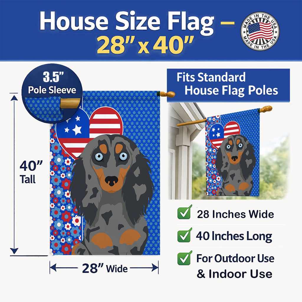 Longhair Blue and Tan Dapple Dachshund USA American House Flag 28x40 Porch Sleeve Pole Decorative Outside Yard Banner Artwork Wall Hanging, Polyester