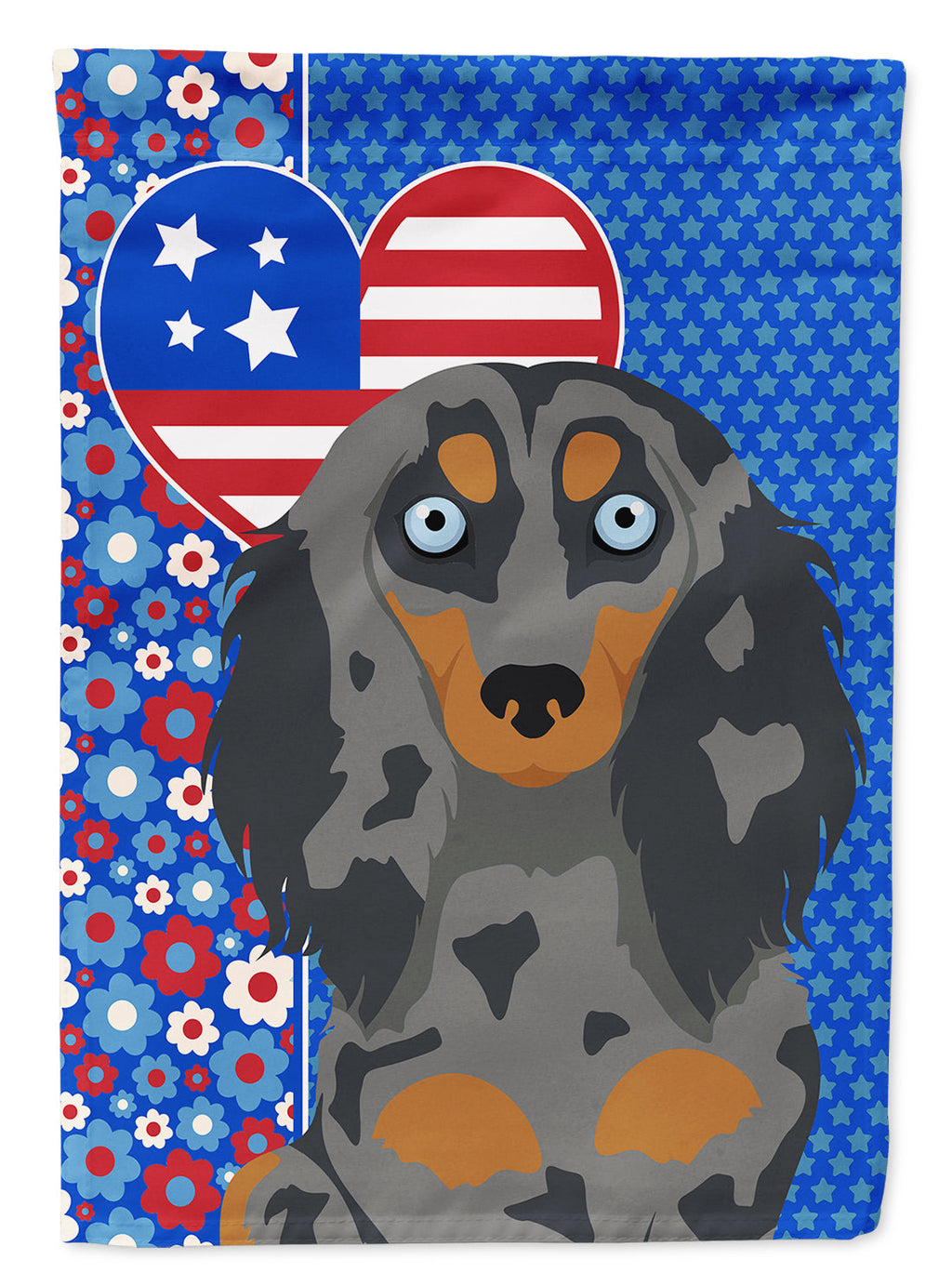 Longhair Blue and Tan Dapple Dachshund USA American House Flag 28x40 Porch Sleeve Pole Decorative Outside Yard Banner Artwork Wall Hanging, Polyester