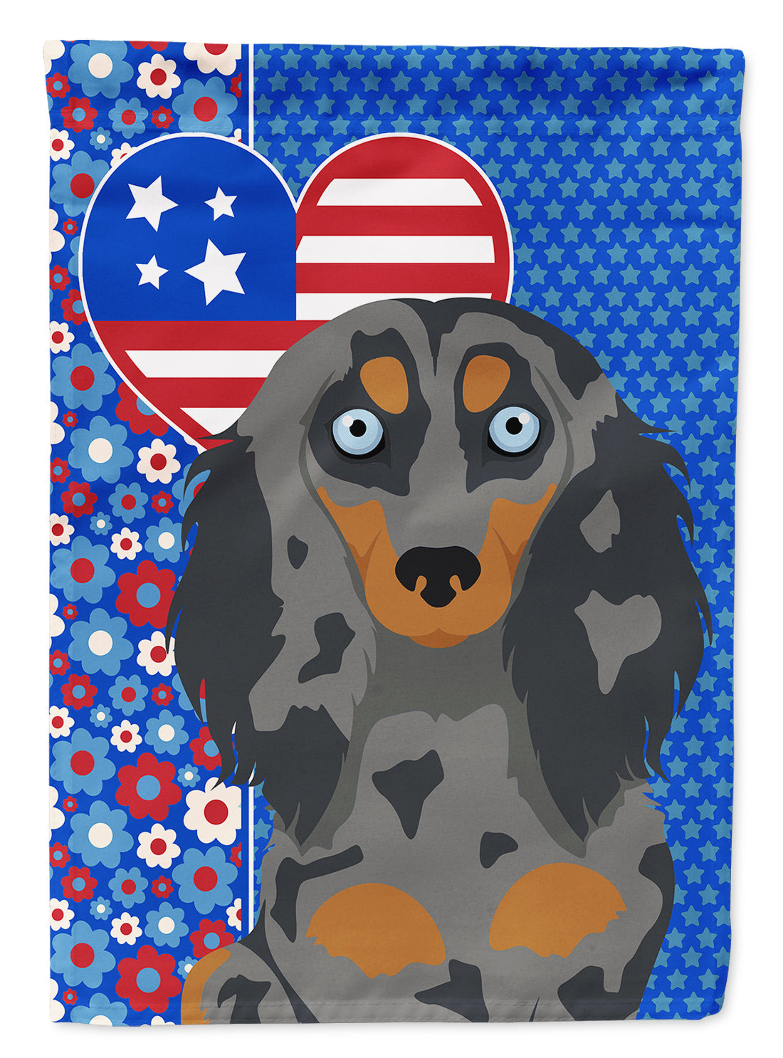 Longhair Blue and Tan Dapple Dachshund USA American House Flag 28x40 Porch Sleeve Pole Decorative Outside Yard Banner Artwork Wall Hanging, Polyester