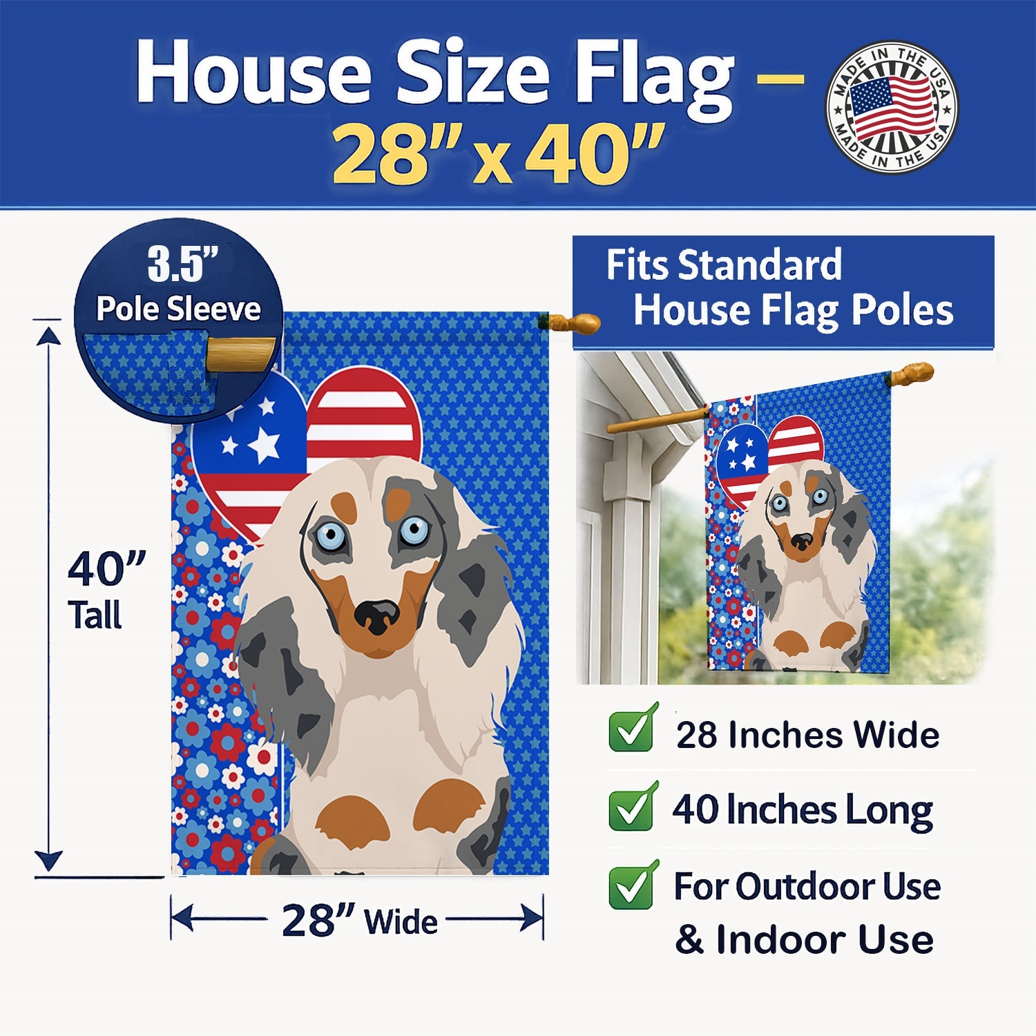 Longhair Cream Dapple Dachshund USA American House Flag 28x40 Porch Sleeve Pole Decorative Outside Yard Banner Artwork Wall Hanging, Polyester