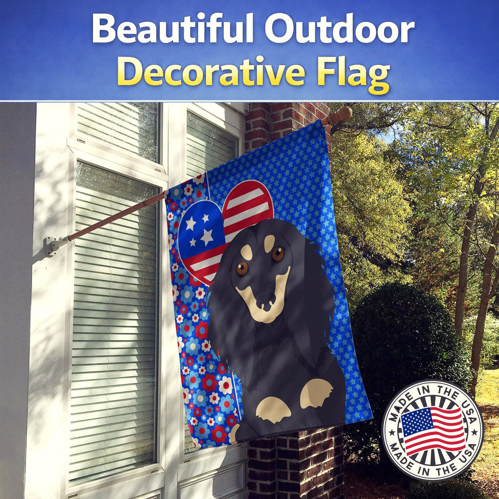 Longhair Black and Cream Dachshund USA American House Flag 28x40 Porch Sleeve Pole Decorative Outside Yard Banner Artwork Wall Hanging, Polyester