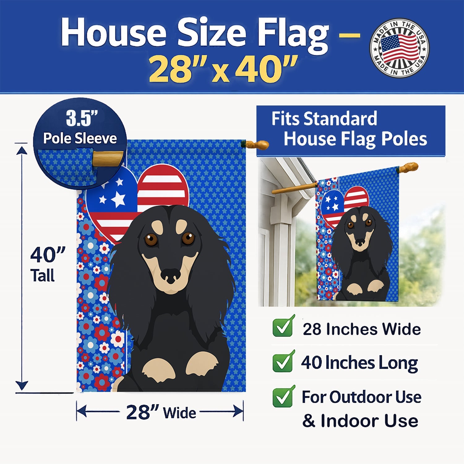 Longhair Black and Cream Dachshund USA American House Flag 28x40 Porch Sleeve Pole Decorative Outside Yard Banner Artwork Wall Hanging, Polyester