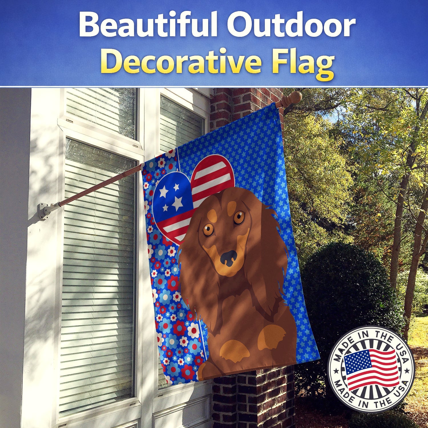Longhair Chocolate and Tan Dachshund USA American House Flag 28x40 Porch Sleeve Pole Decorative Outside Yard Banner Artwork Wall Hanging, Polyester