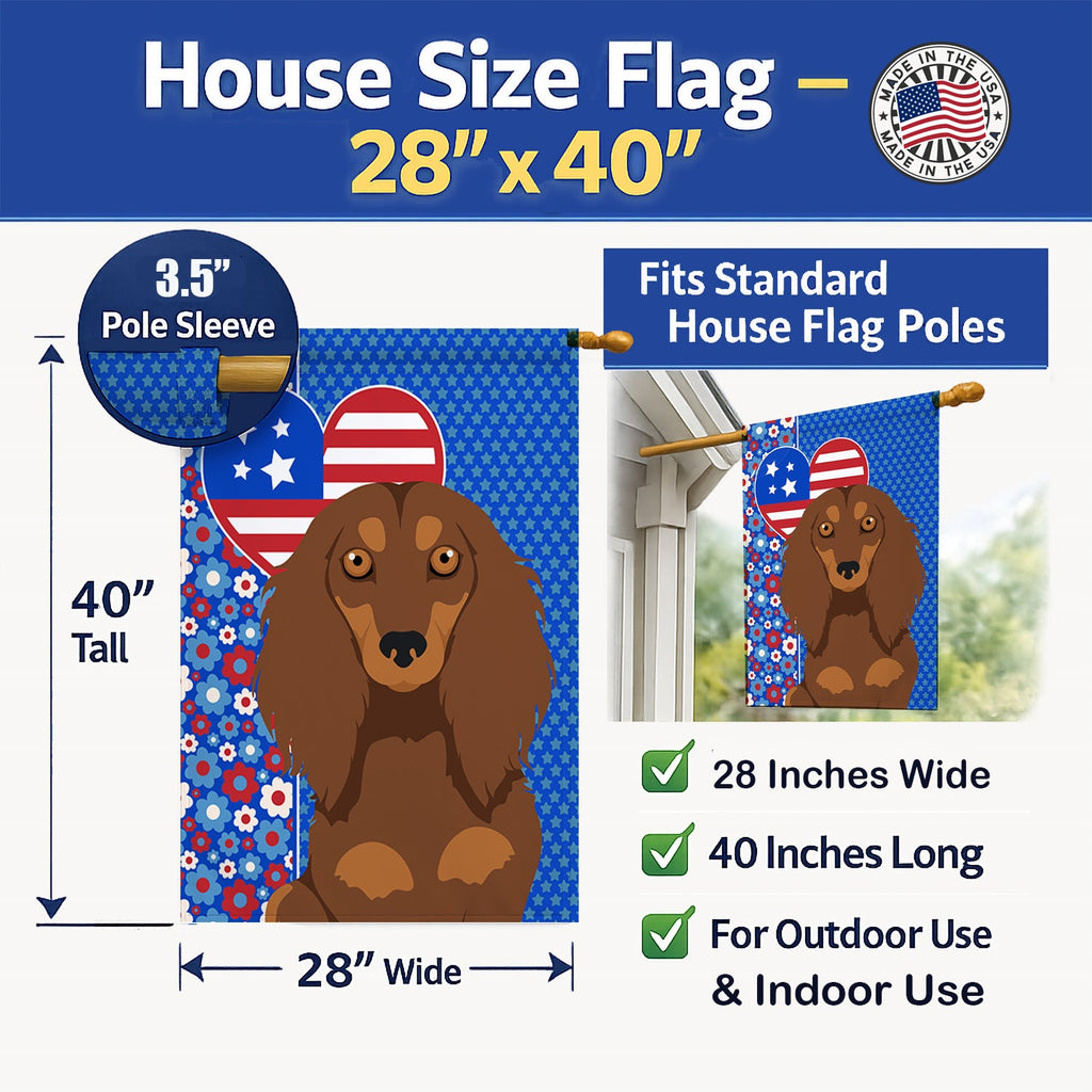 Longhair Chocolate and Tan Dachshund USA American House Flag 28x40 Porch Sleeve Pole Decorative Outside Yard Banner Artwork Wall Hanging, Polyester