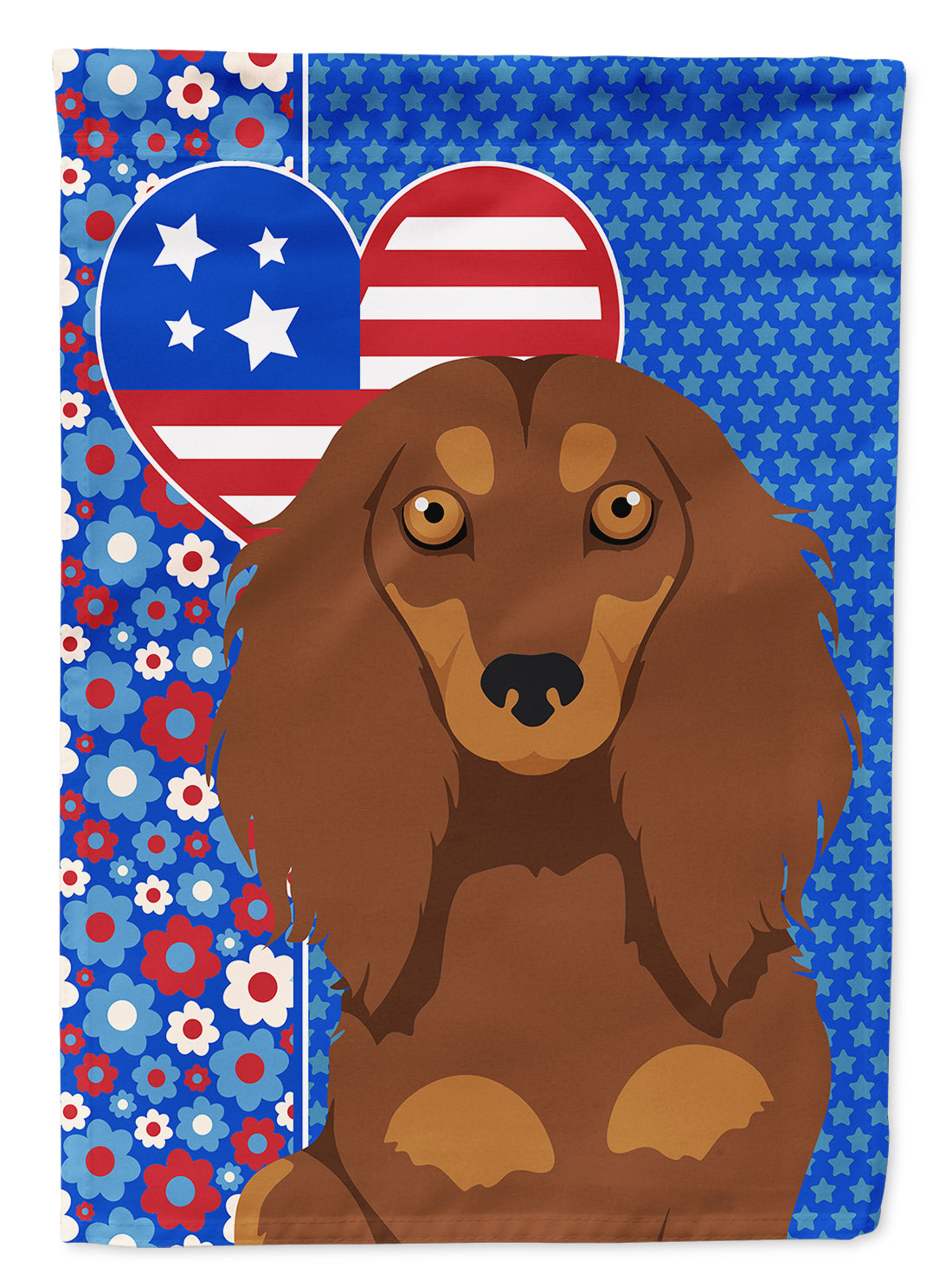 Longhair Chocolate and Tan Dachshund USA American House Flag 28x40 Porch Sleeve Pole Decorative Outside Yard Banner Artwork Wall Hanging, Polyester