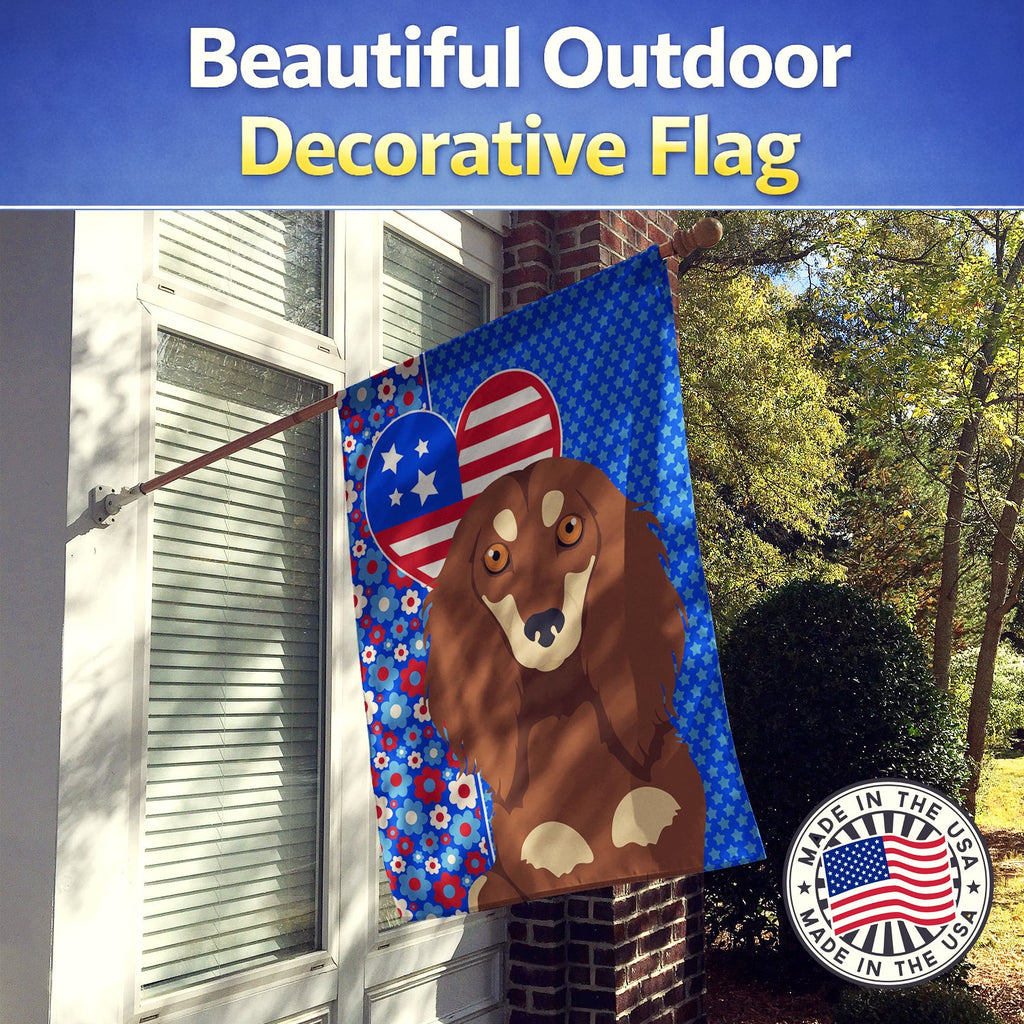 Longhair Chocolate and Cream Dachshund USA American House Flag 28x40 Porch Sleeve Pole Decorative Outside Yard Banner Artwork Wall Hanging, Polyester