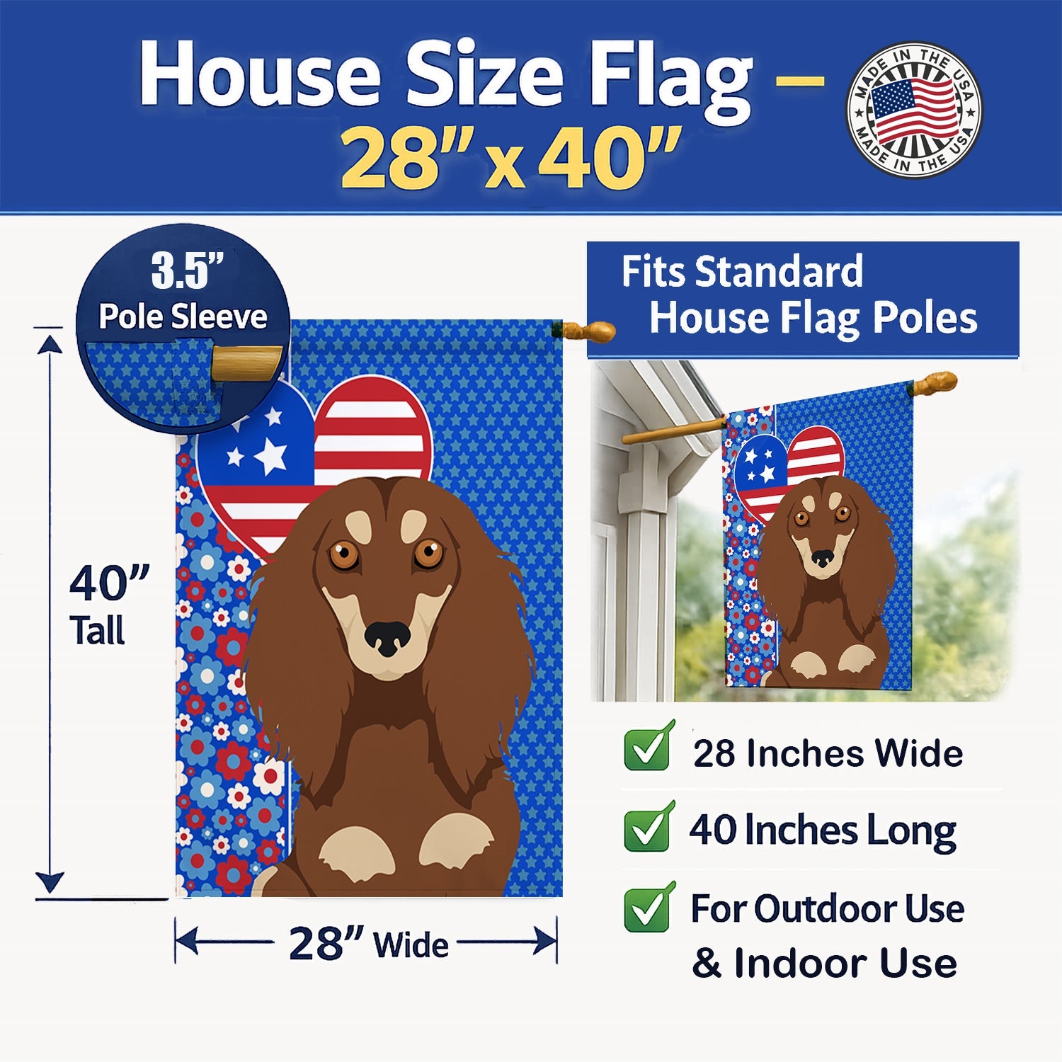 Longhair Chocolate and Cream Dachshund USA American House Flag 28x40 Porch Sleeve Pole Decorative Outside Yard Banner Artwork Wall Hanging, Polyester