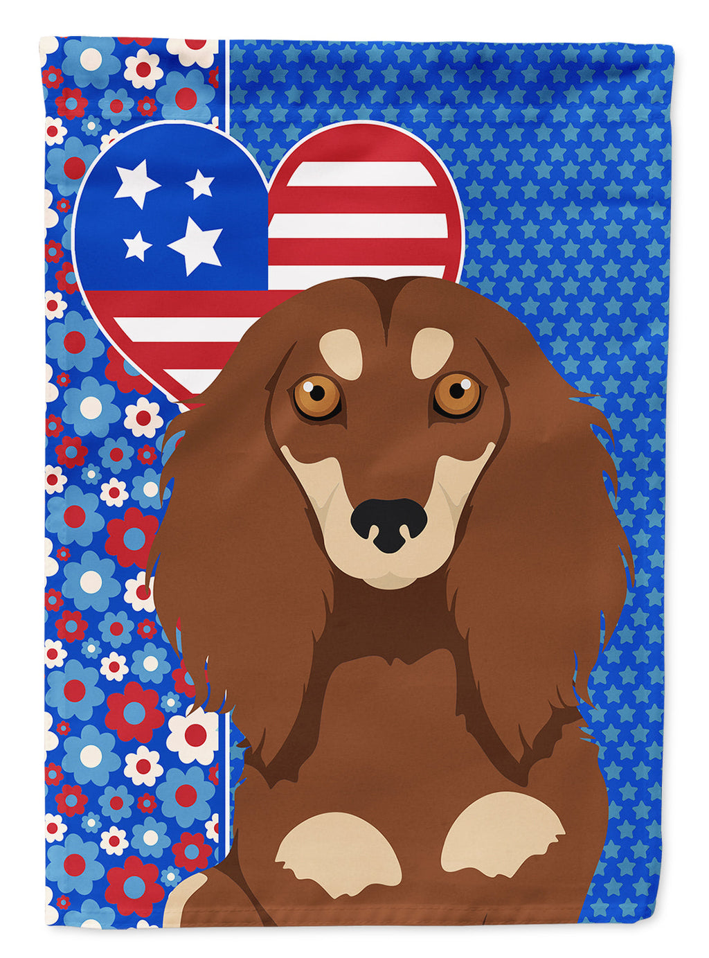 Longhair Chocolate and Cream Dachshund USA American House Flag 28x40 Porch Sleeve Pole Decorative Outside Yard Banner Artwork Wall Hanging, Polyester