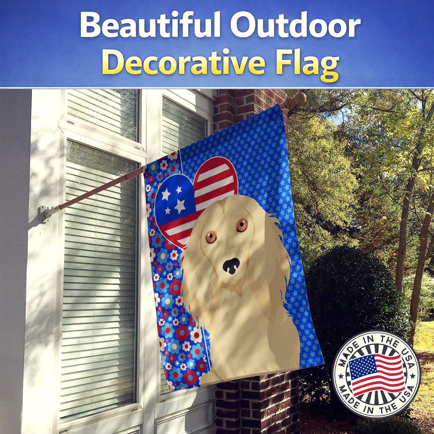 Longhair Cream Dachshund USA American House Flag 28x40 Porch Sleeve Pole Decorative Outside Yard Banner Artwork Wall Hanging, Polyester