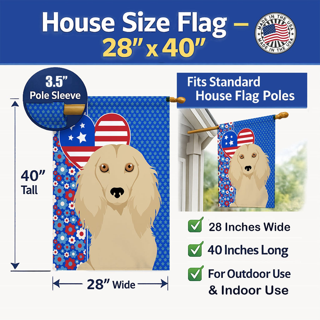 Longhair Cream Dachshund USA American House Flag 28x40 Porch Sleeve Pole Decorative Outside Yard Banner Artwork Wall Hanging, Polyester
