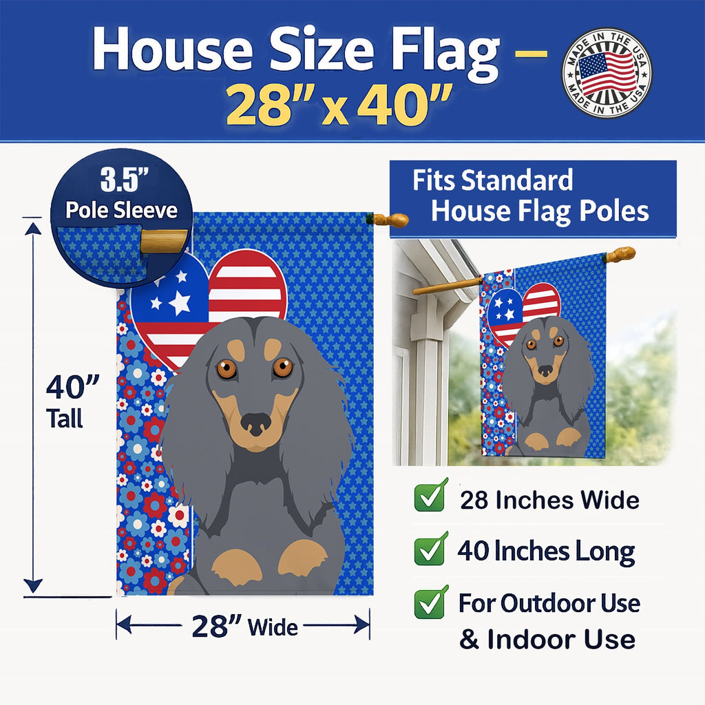 Longhair Blue and Tan Dachshund USA American House Flag 28x40 Porch Sleeve Pole Decorative Outside Yard Banner Artwork Wall Hanging, Polyester