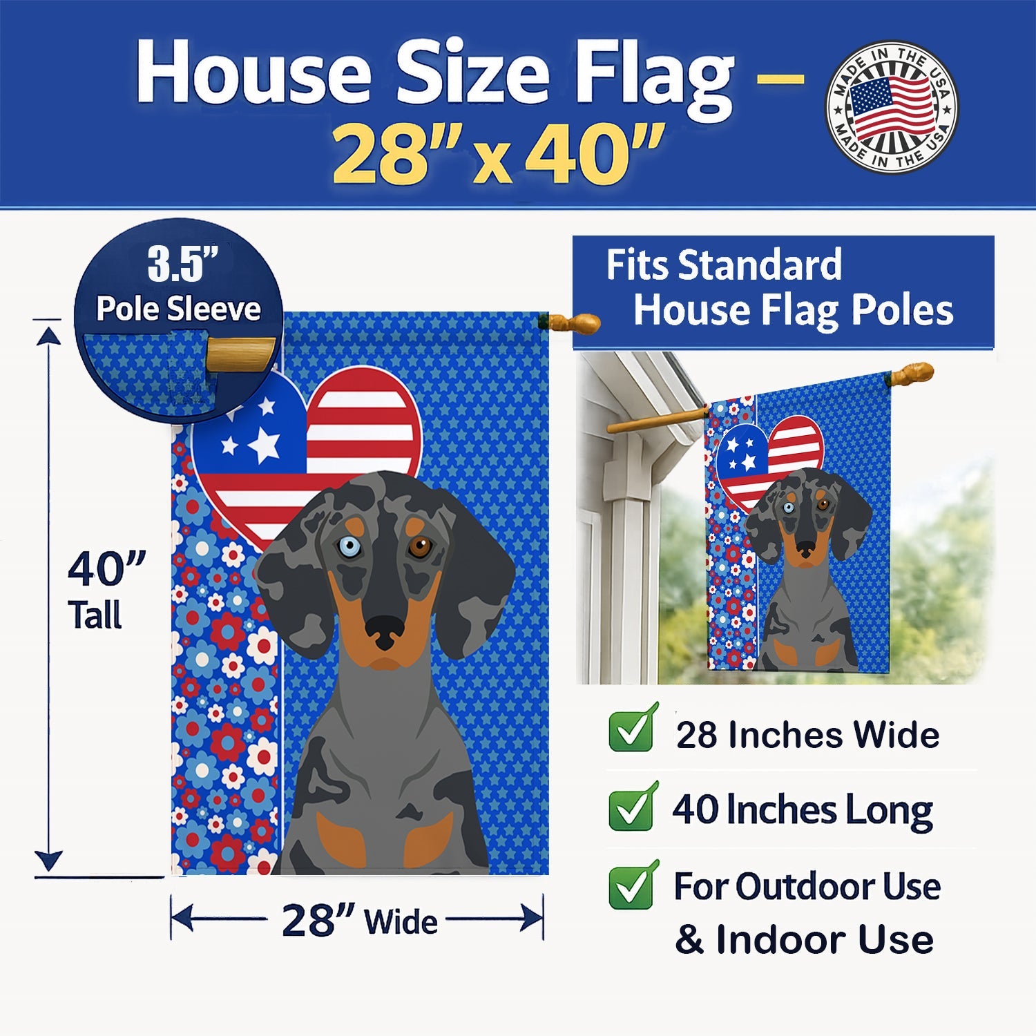 Black Dapple Dachshund USA American House Flag 28x40 Porch Sleeve Pole Decorative Outside Yard Banner Artwork Wall Hanging, Polyester