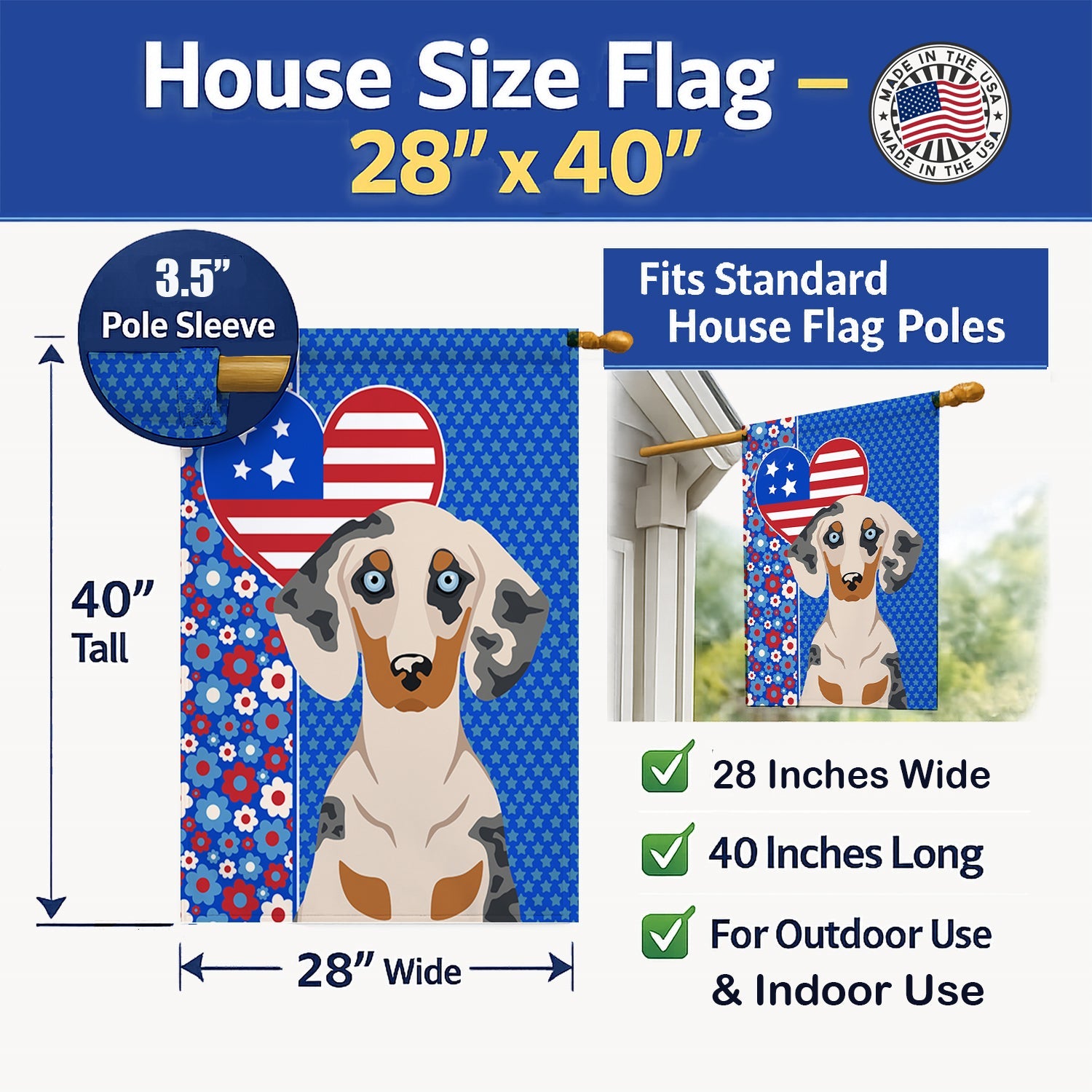 Cream Dapple Dachshund USA American House Flag 28x40 Porch Sleeve Pole Decorative Outside Yard Banner Artwork Wall Hanging, Polyester