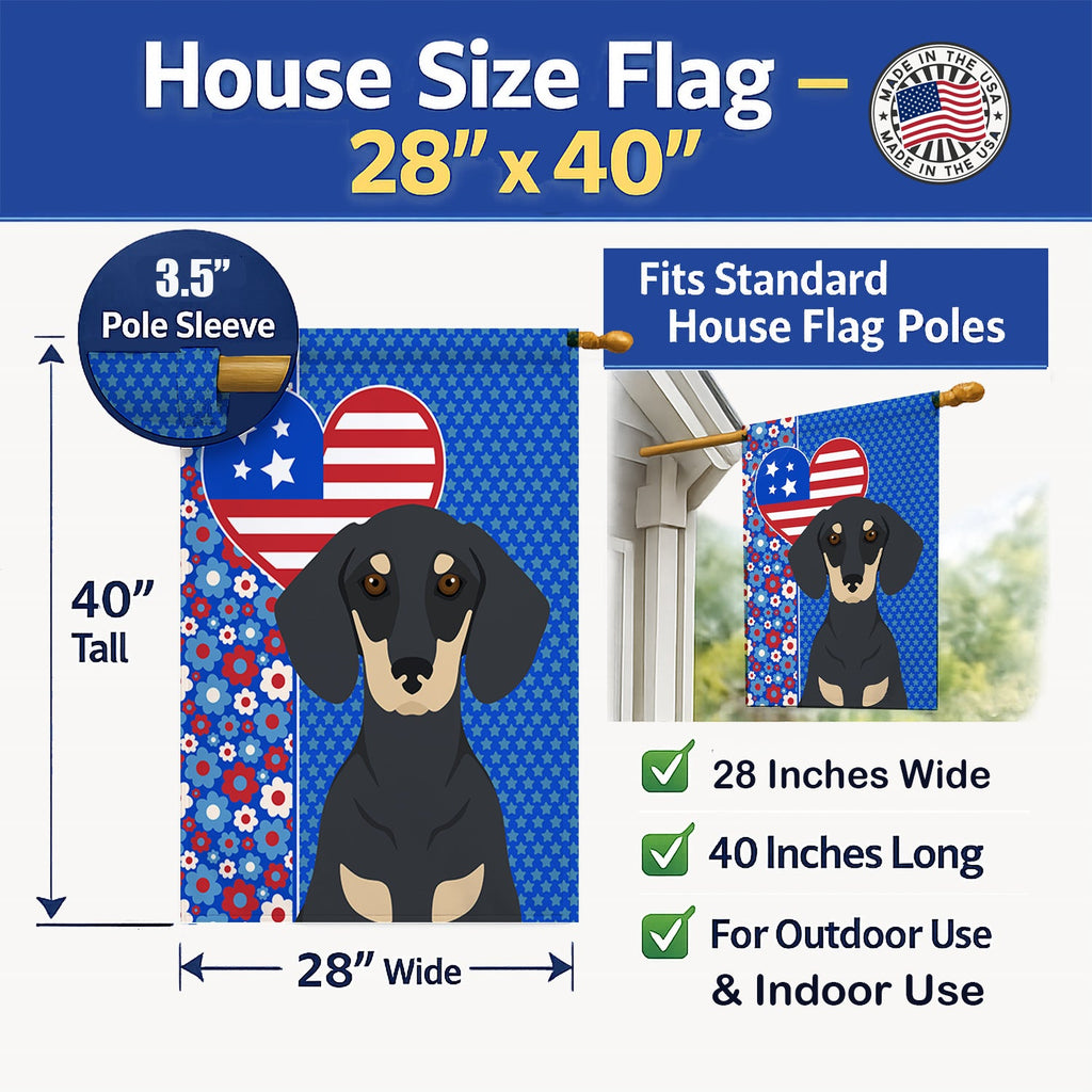 Black and Cream Dachshund USA American House Flag 28x40 Porch Sleeve Pole Decorative Outside Yard Banner Artwork Wall Hanging, Polyester