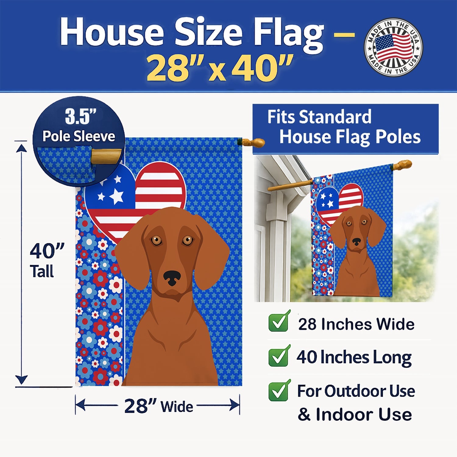 Red Dachshund USA American House Flag 28x40 Porch Sleeve Pole Decorative Outside Yard Banner Artwork Wall Hanging, Polyester