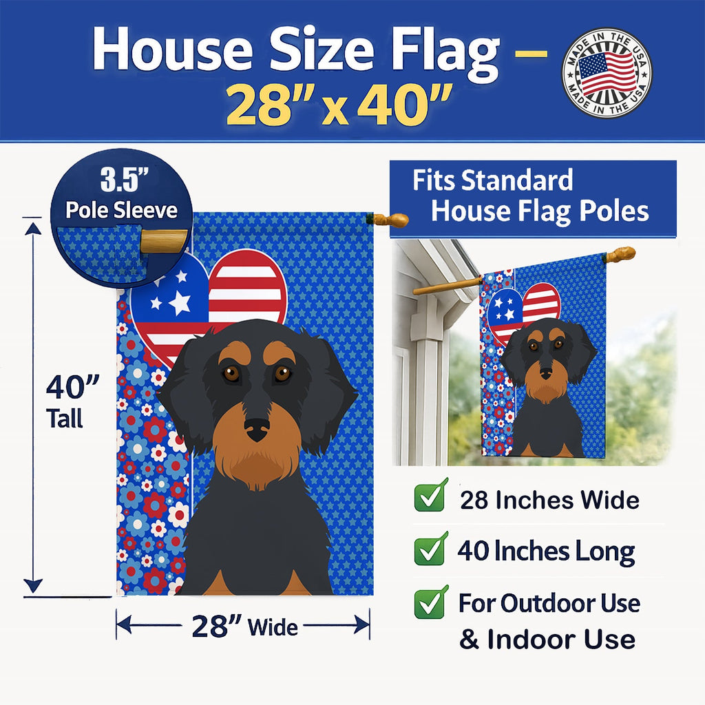 Wirehair Black and Tan Dachshund USA American House Flag 28x40 Porch Sleeve Pole Decorative Outside Yard Banner Artwork Wall Hanging, Polyester