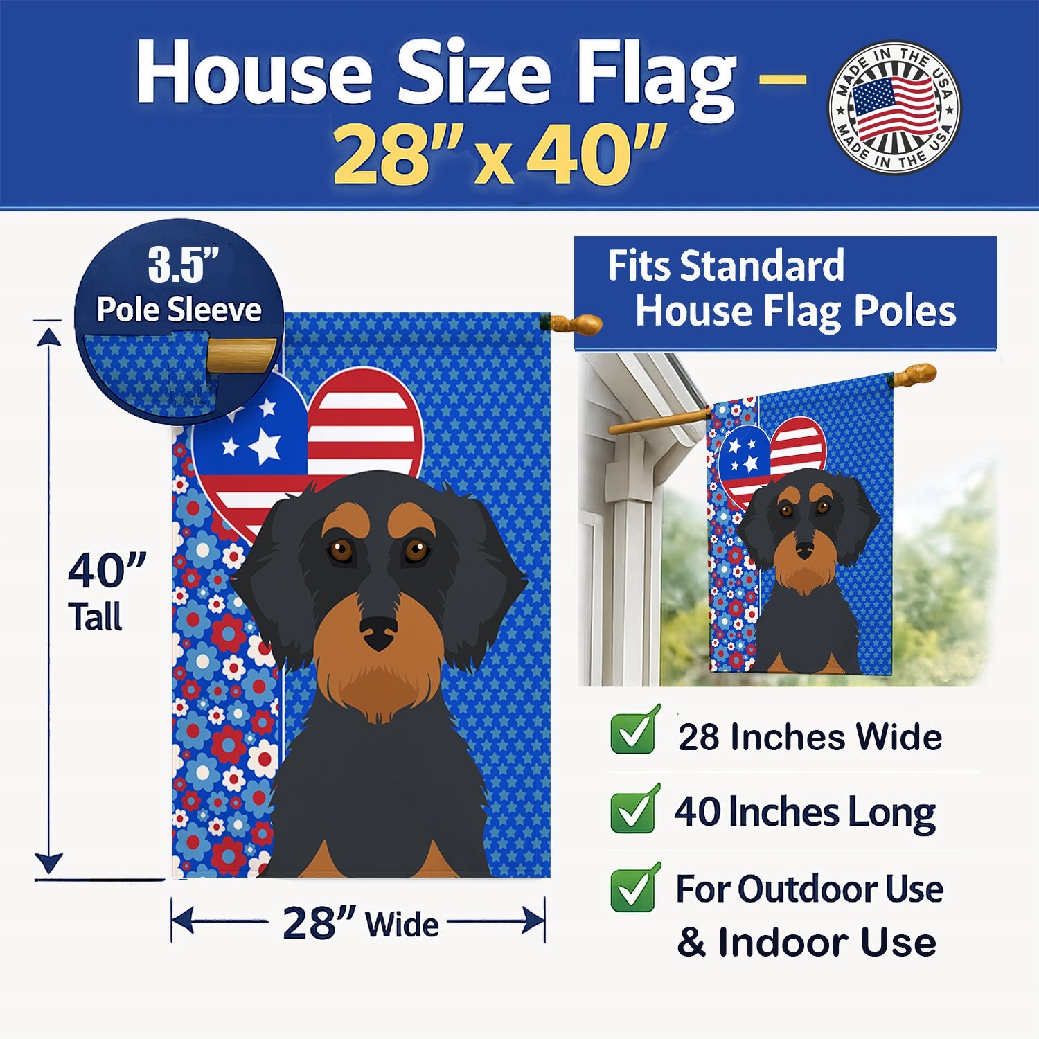 Wirehair Black and Tan Dachshund USA American House Flag 28x40 Porch Sleeve Pole Decorative Outside Yard Banner Artwork Wall Hanging, Polyester