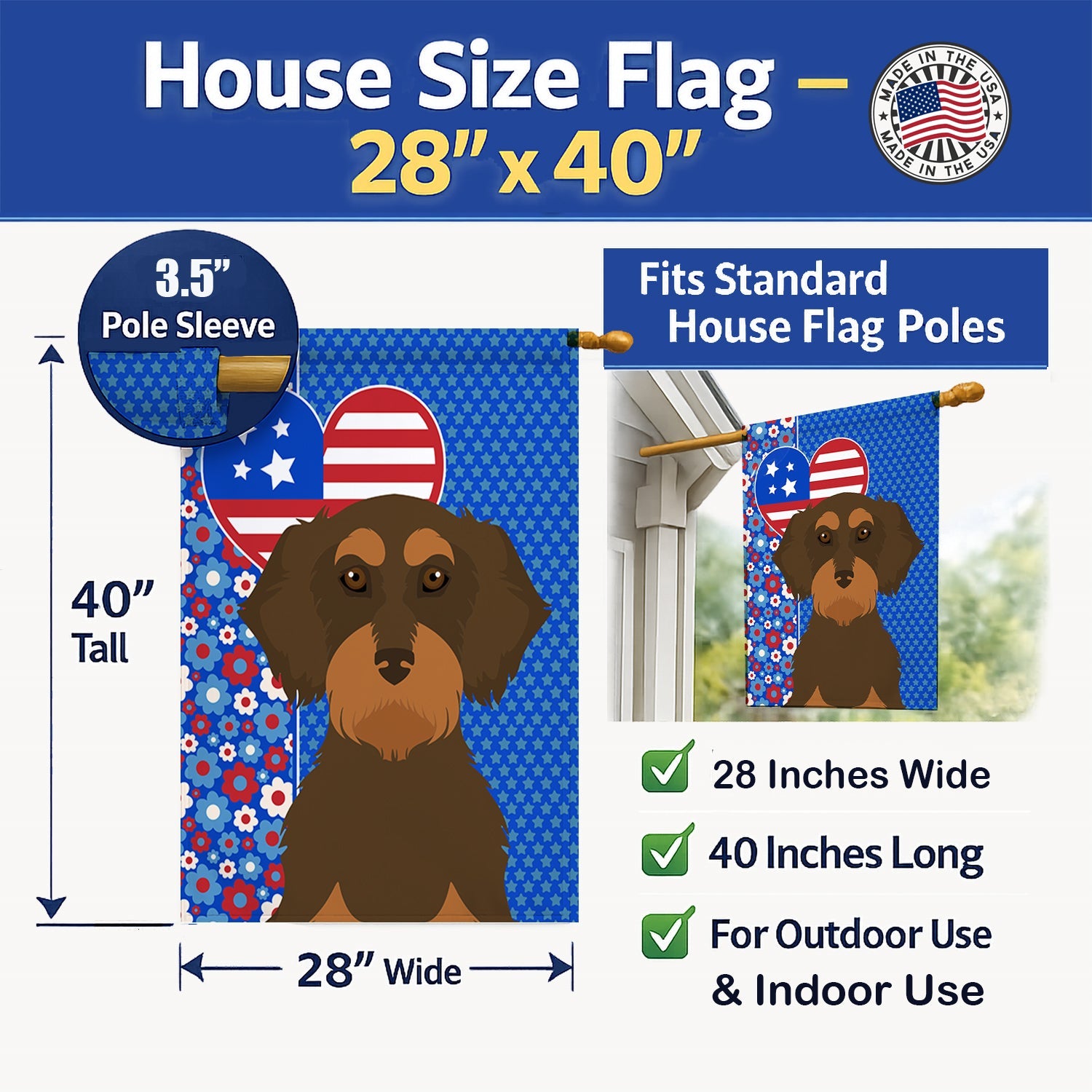 Wirehair Chocolate and Tan Dachshund USA American House Flag 28x40 Porch Sleeve Pole Decorative Outside Yard Banner Artwork Wall Hanging, Polyester