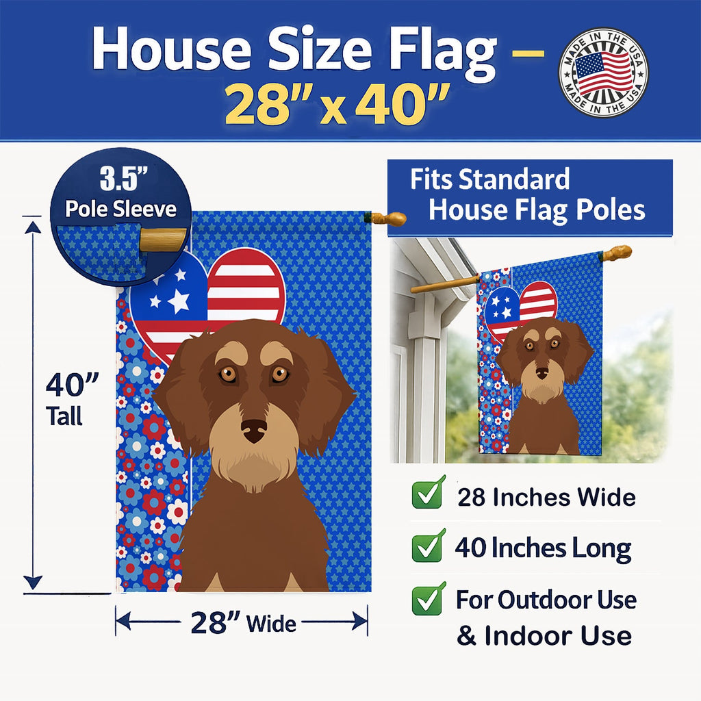 Wirehair Red and Tan Dachshund USA American House Flag 28x40 Porch Sleeve Pole Decorative Outside Yard Banner Artwork Wall Hanging, Polyester