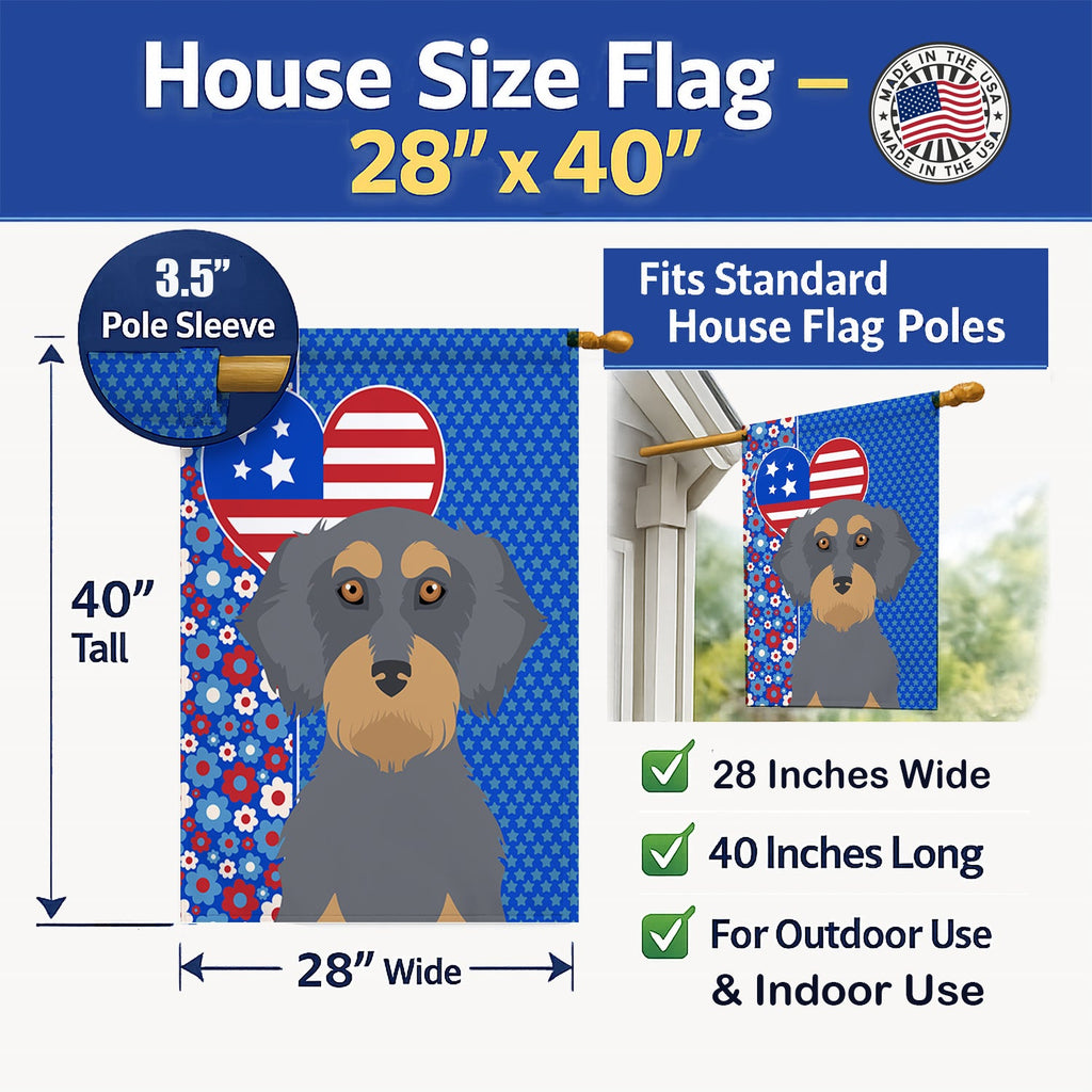 Wirehair Blue and Tan Dachshund USA American House Flag 28x40 Porch Sleeve Pole Decorative Outside Yard Banner Artwork Wall Hanging, Polyester