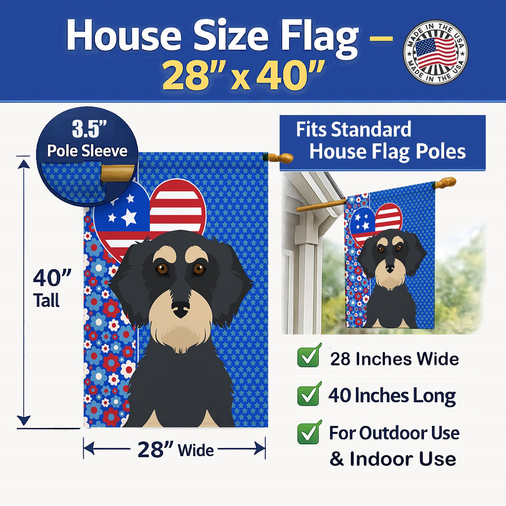 Wirehair Black and Cream Dachshund USA American House Flag 28x40 Porch Sleeve Pole Decorative Outside Yard Banner Artwork Wall Hanging, Polyester