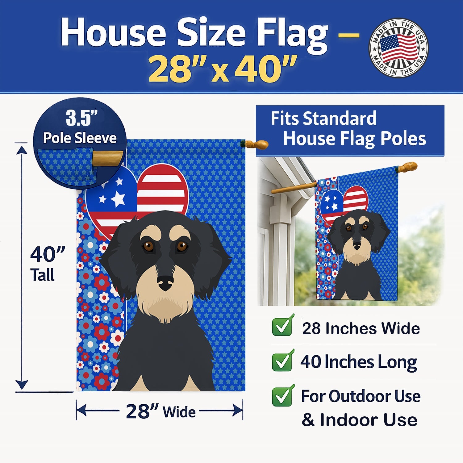 Wirehair Black and Cream Dachshund USA American House Flag 28x40 Porch Sleeve Pole Decorative Outside Yard Banner Artwork Wall Hanging, Polyester