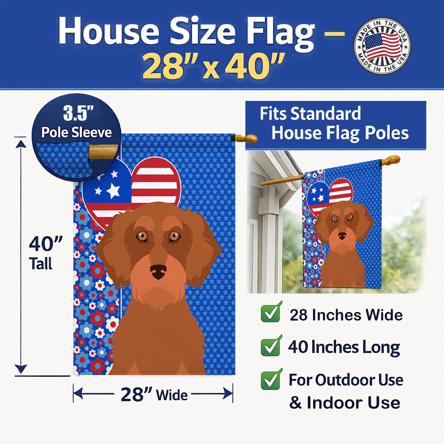 Wirehair Red Dachshund USA American House Flag 28x40 Porch Sleeve Pole Decorative Outside Yard Banner Artwork Wall Hanging, Polyester