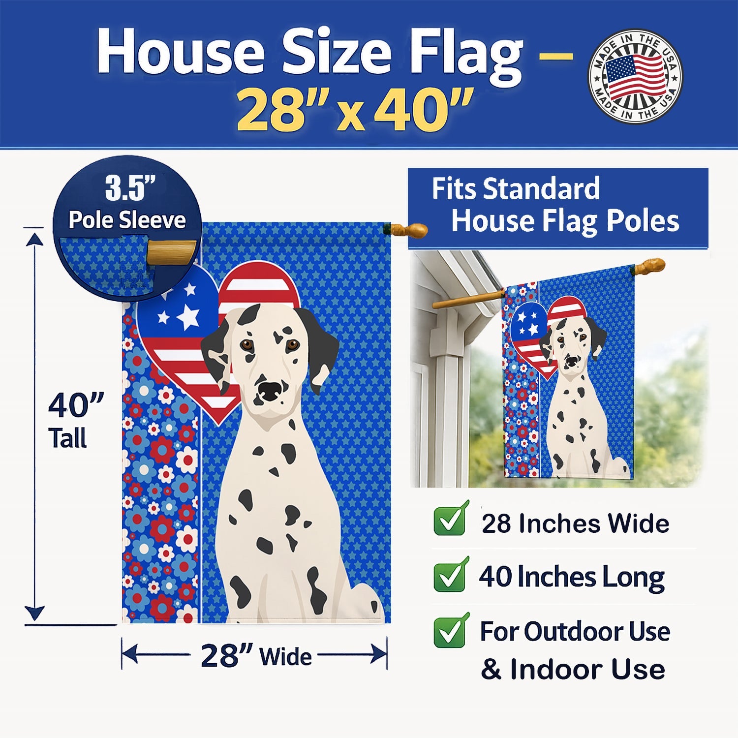 Dalmatian USA American House Flag 28x40 Porch Sleeve Pole Decorative Outside Yard Banner Artwork Wall Hanging, Polyester
