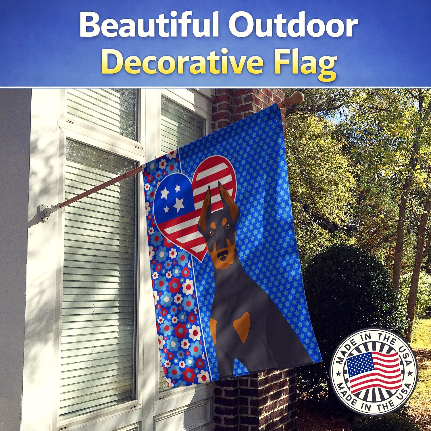 Black and Tan Doberman Pinscher USA American House Flag 28x40 Porch Sleeve Pole Decorative Outside Yard Banner Artwork Wall Hanging, Polyester