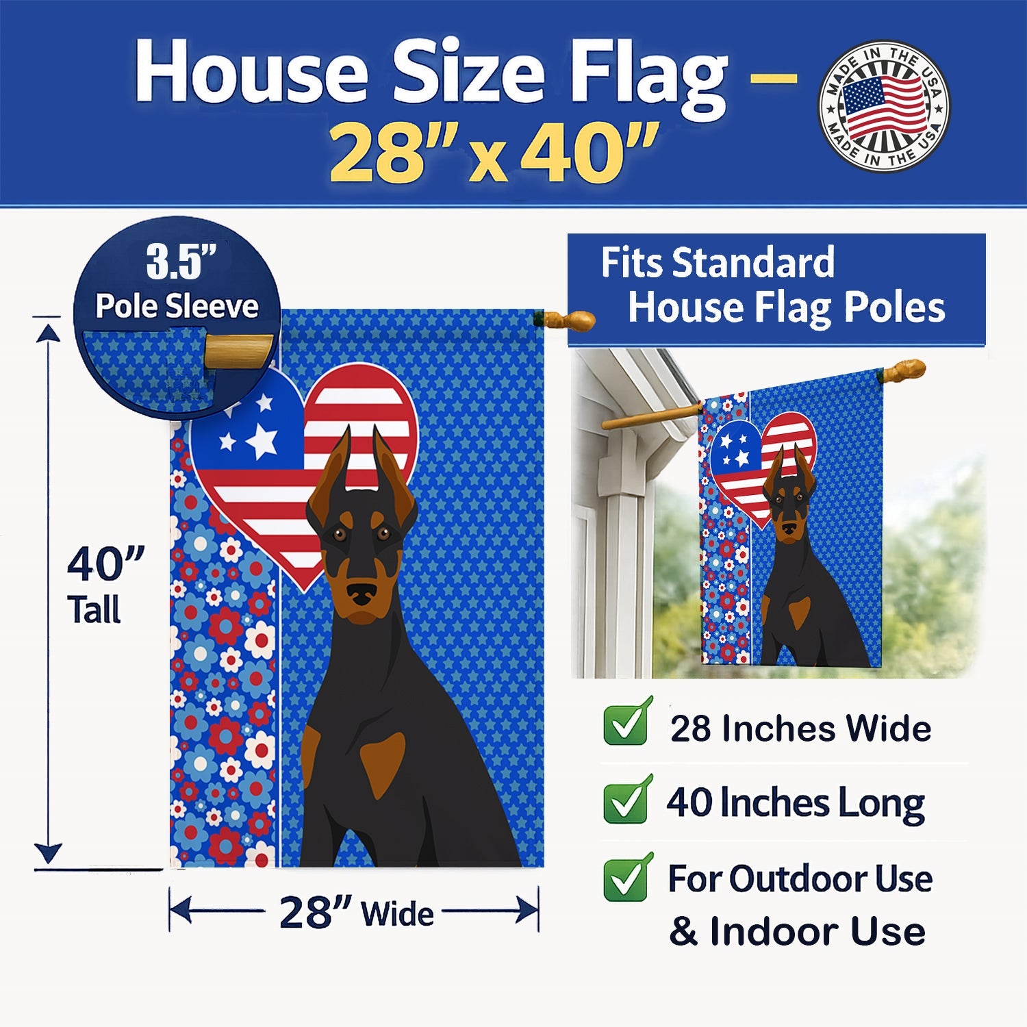 Black and Tan Doberman Pinscher USA American House Flag 28x40 Porch Sleeve Pole Decorative Outside Yard Banner Artwork Wall Hanging, Polyester