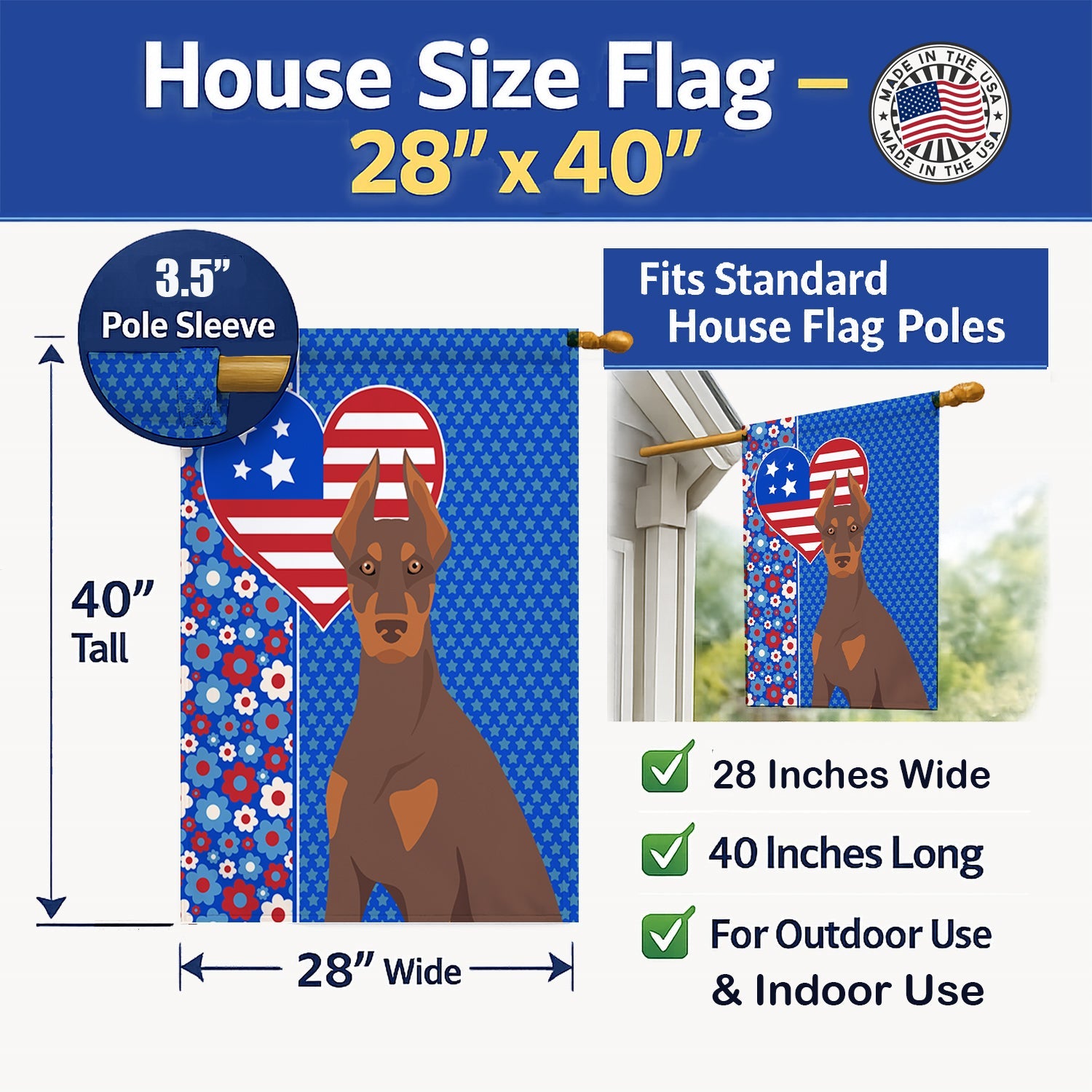 Red and Tan Doberman Pinscher USA American House Flag 28x40 Porch Sleeve Pole Decorative Outside Yard Banner Artwork Wall Hanging, Polyester