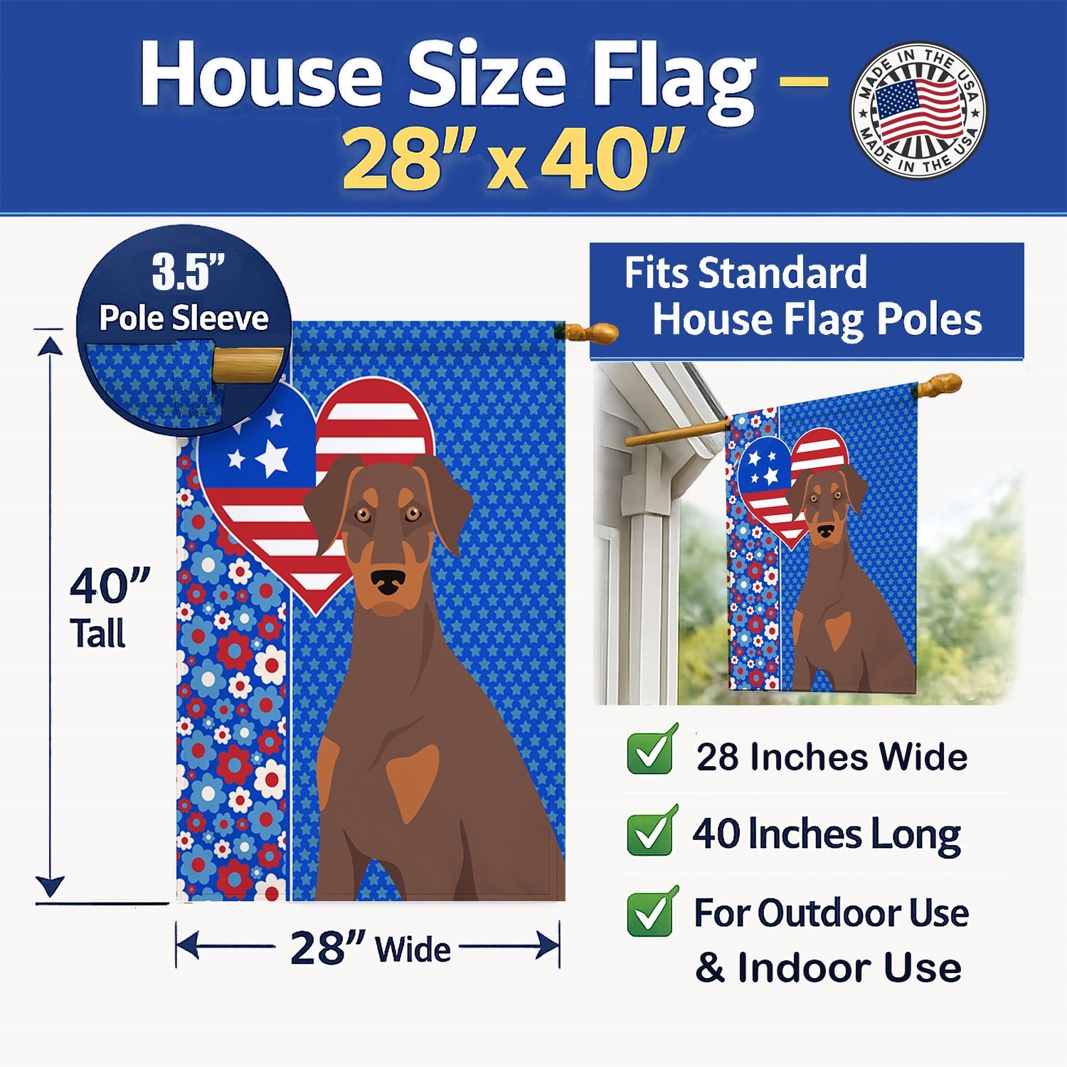 Natural Ear Red and Tan Doberman Pinscher USA American House Flag 28x40 Porch Sleeve Pole Decorative Outside Yard Banner Artwork Wall Hanging, Polyester